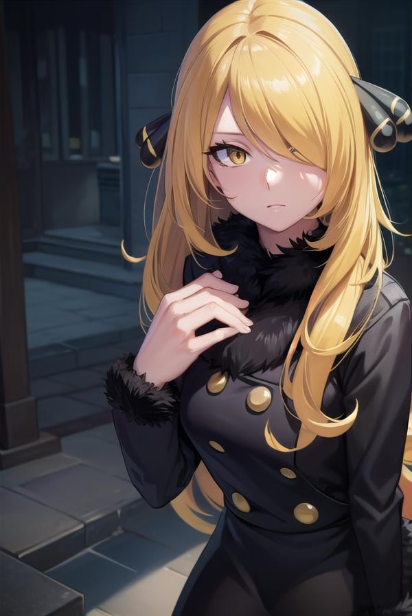 pokemoncynthia, <lora:pokemoncynthia-lora-nochekaiser:1>,pokemoncynthia, blonde hair, hair ornament, hair over one eye, long hair, (yellow eyes:1.5),BREAK black coat, black pants, black shirt, coat, fur collar, fur trim, fur-trimmed sleeves, pants, shirt,BREAK looking at viewer, upper body, full body, (cowboy shot:1.5),BREAK outdoors, nature, sky,BREAK <lyco:GoodHands-beta2:1>, (masterpiece:1.2), best quality, high resolution, unity 8k wallpaper, (illustration:0.8), (beautiful detailed eyes:1.6), extremely detailed face, perfect lighting, extremely detailed CG, (perfect hands, perfect anatomy),