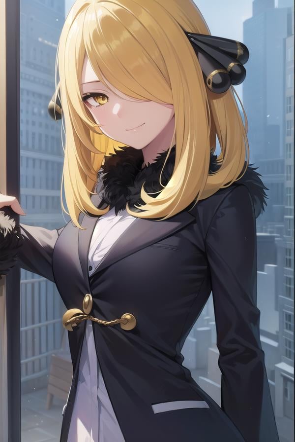 pokemoncynthia, <lora:pokemoncynthia-lora-nochekaiser:1>,pokemoncynthia, blonde hair, hair ornament, (hair over one eye:1.5), long hair, (yellow eyes:1.5), <lora:sensualface_type1:1>, smile,BREAK black coat, black pants, black shirt, coat, fur collar, fur trim, fur-trimmed sleeves, pants, shirt,BREAK looking at viewer, upper body, full body, (cowboy shot:1.5),BREAK outdoors, nature, sky,BREAK <lyco:GoodHands-beta2:1>, (masterpiece:1.2), best quality, high resolution, unity 8k wallpaper, (illustration:0.8), (beautiful detailed eyes:1.6), extremely detailed face, perfect lighting, extremely detailed CG, (perfect hands, perfect anatomy),