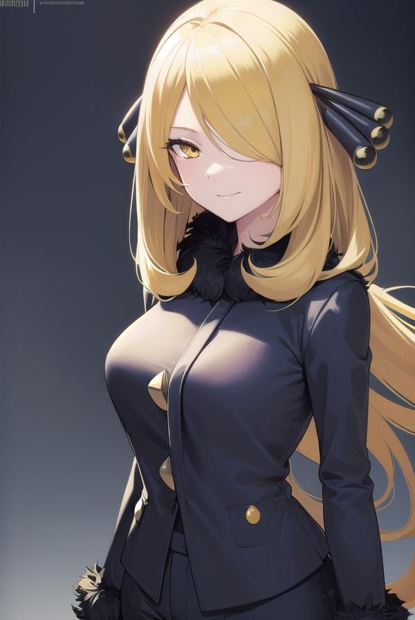 pokemoncynthia, <lora:pokemoncynthia-lora-nochekaiser:1>,pokemoncynthia, blonde hair, hair ornament, hair over one eye, long hair, (yellow eyes:1.5), <lora:sensualface_type1:1>, smile,BREAK black coat, black pants, black shirt, coat, fur collar, fur trim, fur-trimmed sleeves, pants, shirt,BREAK looking at viewer, upper body, full body, (cowboy shot:1.5),BREAK outdoors, nature, sky,BREAK <lyco:GoodHands-beta2:1>, (masterpiece:1.2), best quality, high resolution, unity 8k wallpaper, (illustration:0.8), (beautiful detailed eyes:1.6), extremely detailed face, perfect lighting, extremely detailed CG, (perfect hands, perfect anatomy),