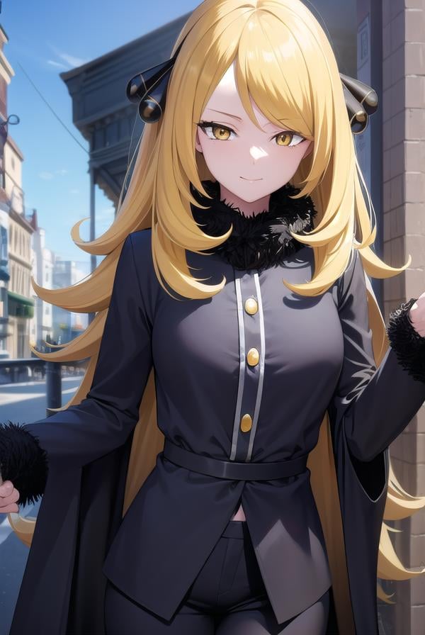 pokemoncynthia, <lora:pokemoncynthia-lora-nochekaiser:1>,pokemoncynthia, blonde hair, hair ornament, hair over one eye, long hair, (yellow eyes:1.5), <lora:sensualface_type1:1>, smile,BREAK black coat, black pants, black shirt, coat, fur collar, fur trim, fur-trimmed sleeves, pants, shirt,BREAK looking at viewer, upper body, full body, (cowboy shot:1.5),BREAK outdoors, nature, sky,BREAK <lyco:GoodHands-beta2:1>, (masterpiece:1.2), best quality, high resolution, unity 8k wallpaper, (illustration:0.8), (beautiful detailed eyes:1.6), extremely detailed face, perfect lighting, extremely detailed CG, (perfect hands, perfect anatomy),