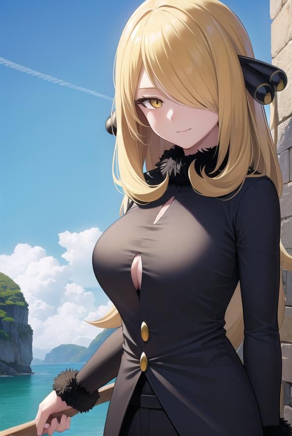 pokemoncynthia, <lora:pokemoncynthia-lora-nochekaiser:1>,pokemoncynthia, blonde hair, hair ornament, hair over one eye, long hair, (yellow eyes:1.5), <lora:sensualface_type1:1>, smile,BREAK black coat, black pants, black shirt, coat, fur collar, fur trim, fur-trimmed sleeves, pants, shirt,BREAK looking at viewer, upper body, full body, (cowboy shot:1.5),BREAK outdoors, nature, sky,BREAK <lyco:GoodHands-beta2:1>, (masterpiece:1.2), best quality, high resolution, unity 8k wallpaper, (illustration:0.8), (beautiful detailed eyes:1.6), extremely detailed face, perfect lighting, extremely detailed CG, (perfect hands, perfect anatomy),