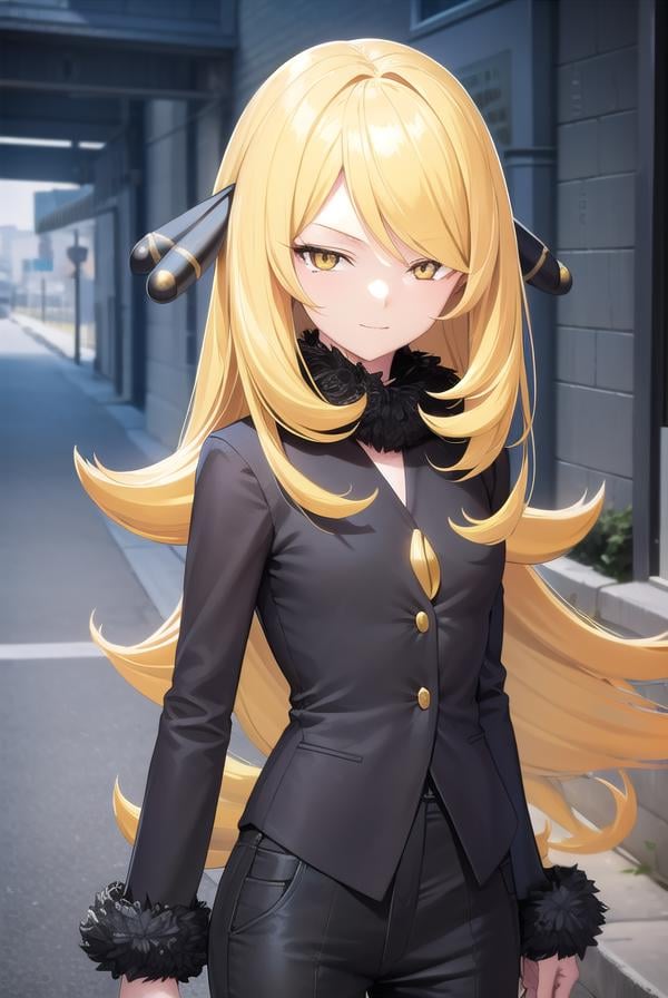 pokemoncynthia, <lora:pokemoncynthia-lora-nochekaiser:1>,pokemoncynthia, blonde hair, hair ornament, hair over one eye, long hair, (yellow eyes:1.5), <lora:sensualface_type1:1>, smile,BREAK black coat, black pants, black shirt, coat, fur collar, fur trim, fur-trimmed sleeves, pants, shirt,BREAK looking at viewer, upper body, full body, (cowboy shot:1.5),BREAK outdoors, nature, sky,BREAK <lyco:GoodHands-beta2:1>, (masterpiece:1.2), best quality, high resolution, unity 8k wallpaper, (illustration:0.8), (beautiful detailed eyes:1.6), extremely detailed face, perfect lighting, extremely detailed CG, (perfect hands, perfect anatomy),