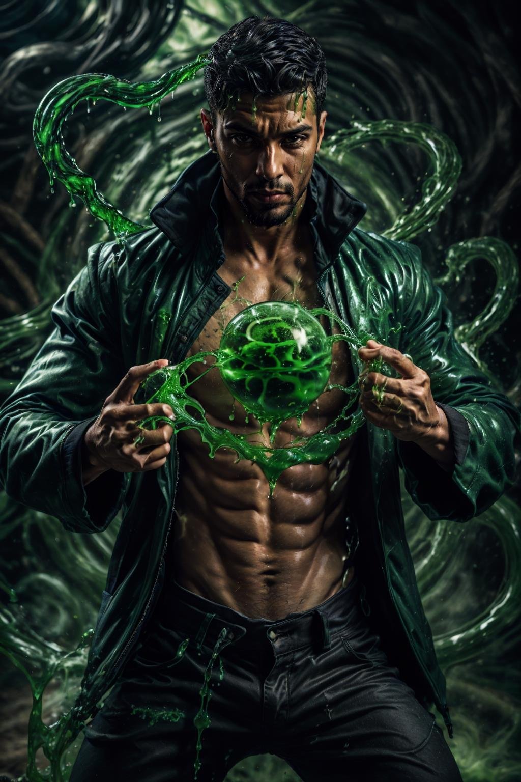 realistic, masterpiece, intricate details, detailed background, depth of field, photo of a handsome (libyan man), ven0mancer, dynamic pose, (jacket), shirt, (pants), venom liquid, ((close up)), face portrait, venom orb, swirling green liquid,