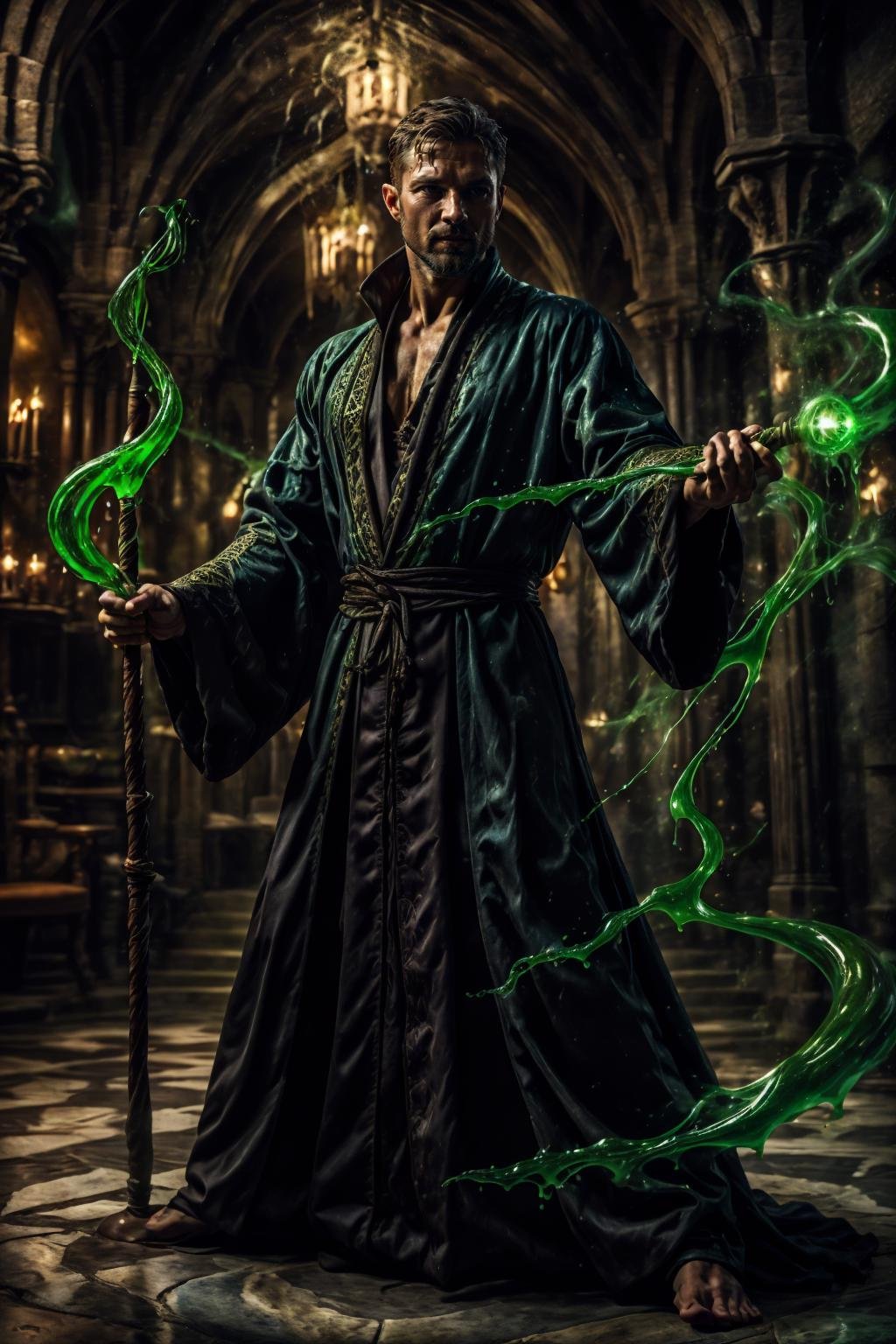 realistic, masterpiece, intricate details, detailed background, depth of field, photo of a handsome (danish man), ven0mancer, venom liquid, dynamic pose, wizard robe, holding one staff, venom staff, (40 years old), beard,