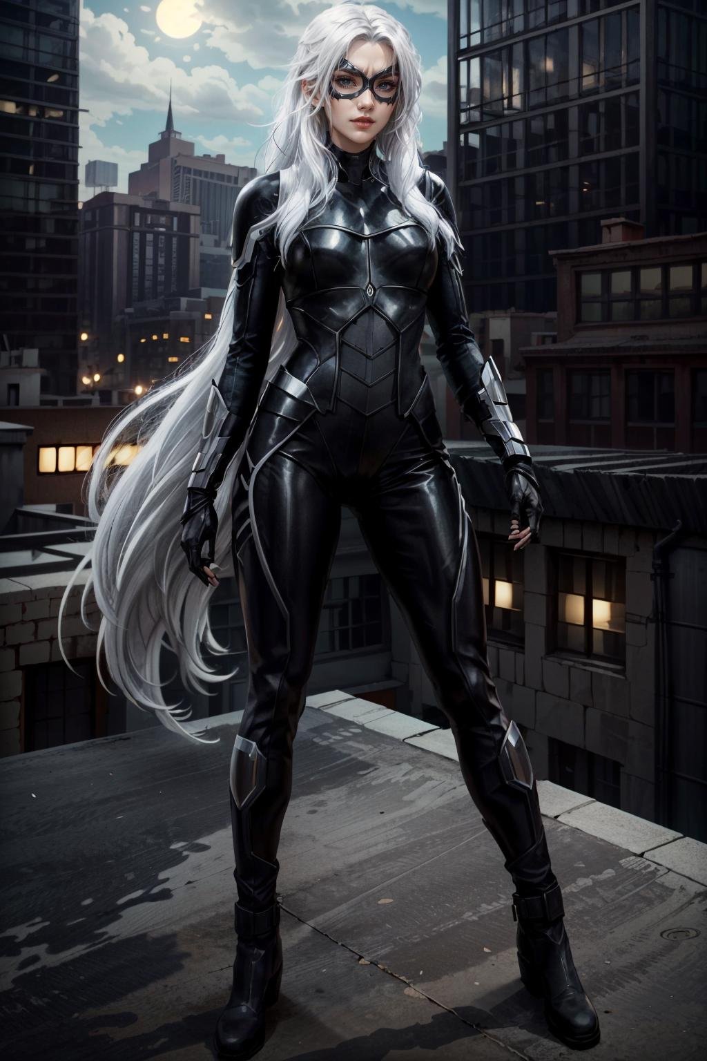 (masterpiece, best quality) <lora:epi_noiseoffset2:1>  <lora:add_detail:0.7>   <lora:MarvelBlackCat:0.8>MarvelBlackCat, 1girl, solo, long hair, white hair, mask, seductive, standing in a rooftop scene, highly detailed, 8k, concept art, dramatic lighting