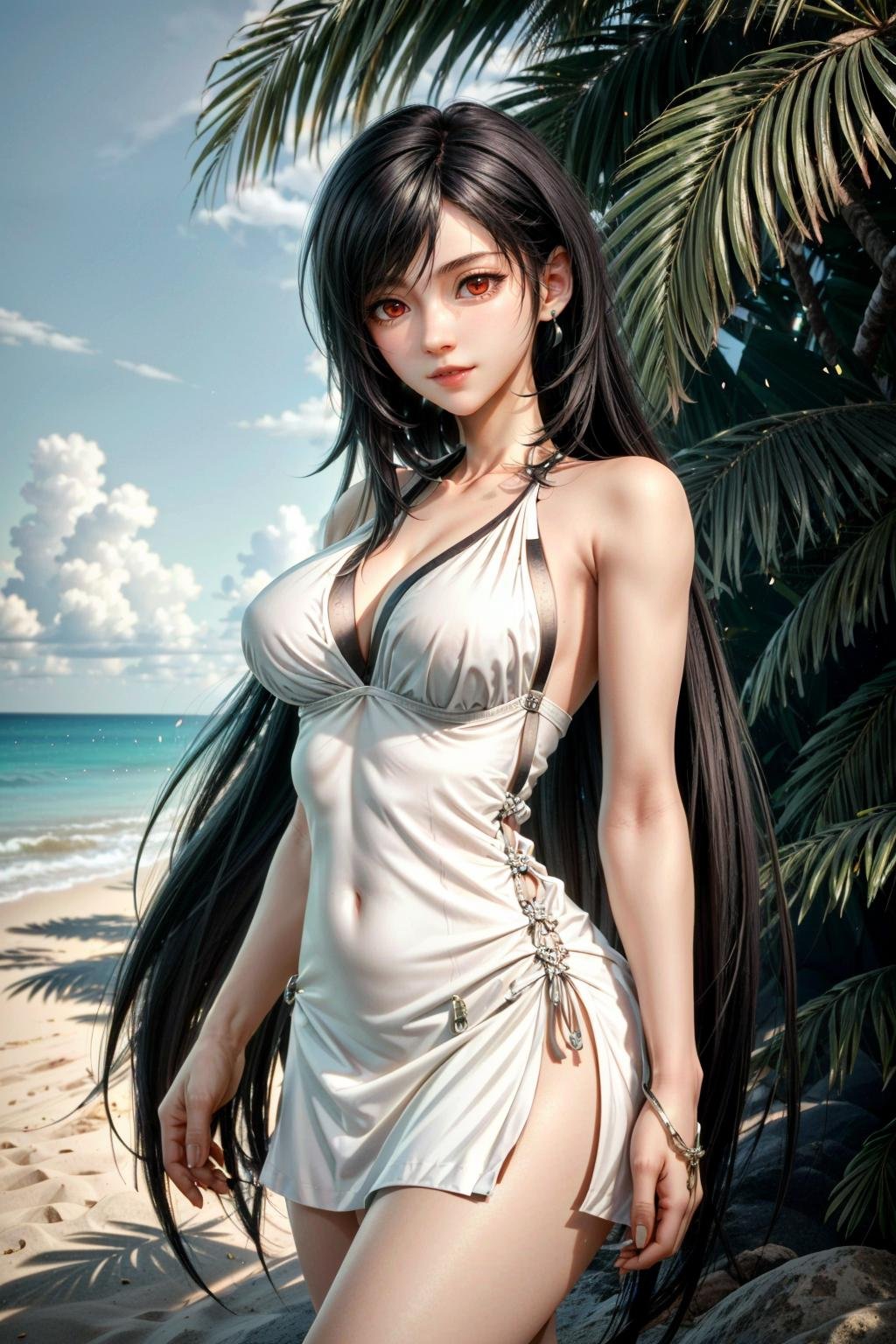 (masterpiece, best quality) <lora:epi_noiseoffset2:1>  <lora:add_detail:0.7>  <lora:TifaFF7:0.9>TifaFF7, 1girl, solo, long hair, red eyes, black hair, at the beach, sexy minidress, palm trees, sundown