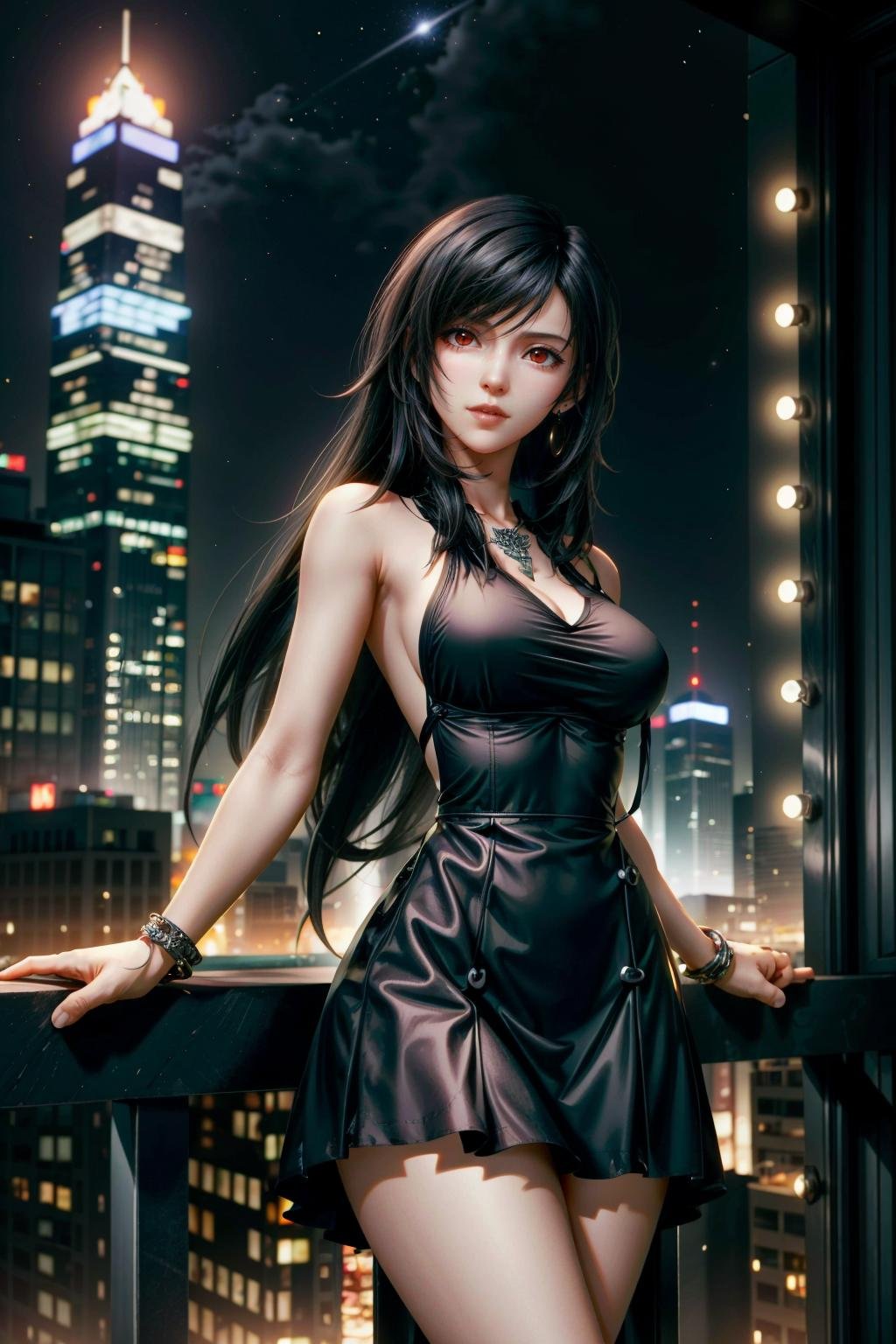 (masterpiece, best quality) <lora:epi_noiseoffset2:1>  <lora:add_detail:0.7>  <lora:TifaFF7:0.9>TifaFF7, 1girl, solo, long hair, red eyes, black hair, cityscape, at night, on top of a skyscraper, colorful club dress