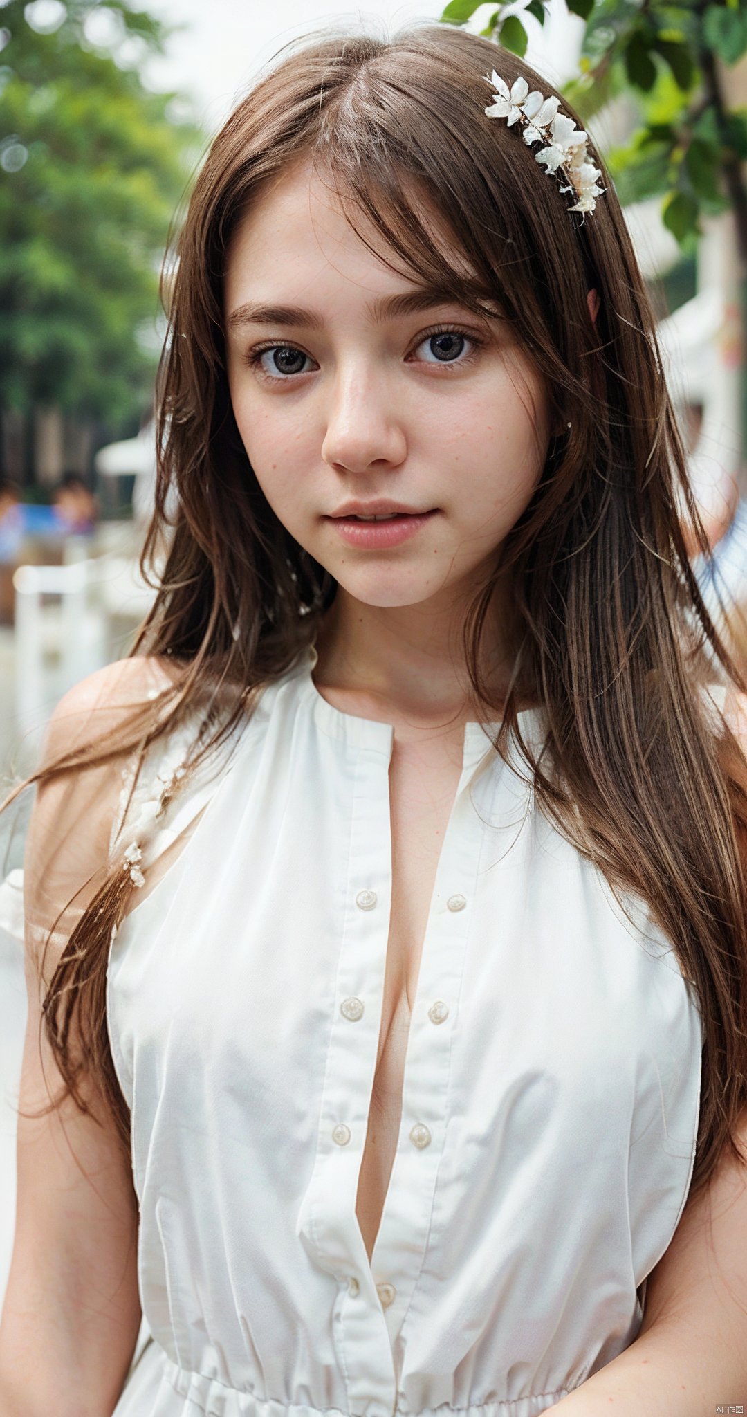 (long brown hair),outdoor,((fair white skin))、(close up),(original photography:1.5),a girl, ((White skin))、 ((Exquisite and perfect beautiful face,Beautiful and delicate eyes、double eyelids)),young girl, realism