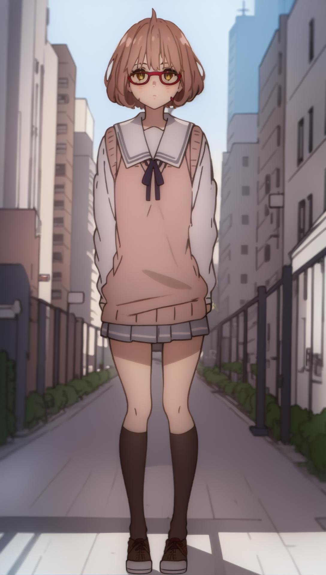 ((((ultra illustrated style:1.0)))),best quality,best animated,masterpiece,ray tracing, global illumination,summer clothes,1girl, solo, standing, looking at viewer,crosswalk,skyscrapers, full body,  <lora:Kuriyama Mirai idol clothes summer clothes:1>