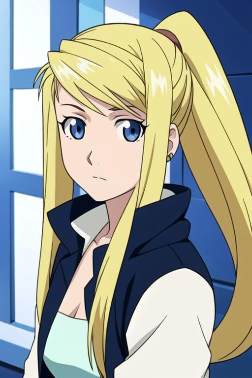 masterpiece, best quality, illustration, 1girl, solo, looking at viewer, upper body, , anime coloring, , <lora:winry_rockbell:0.70>, winry_rockbell, blonde hair, blue eyes, ponytail