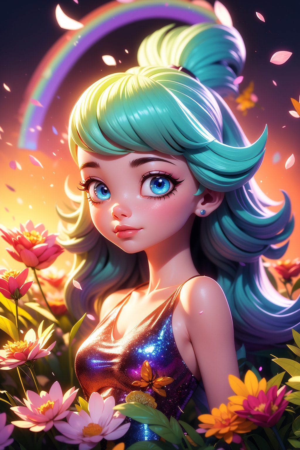 close up portrait of young woman with vibrantblowing hair and mesmerizing eyes, wearing a flowing dress made of petals, in a serene garden filled with blooming flowers, a representation of beauty and grace, charming, cute, beautiful, ultra detailed, dream like shot, 8k, sunset,((holographic))), (((rainbowish))), expressive, cinematic, dynamic pose
