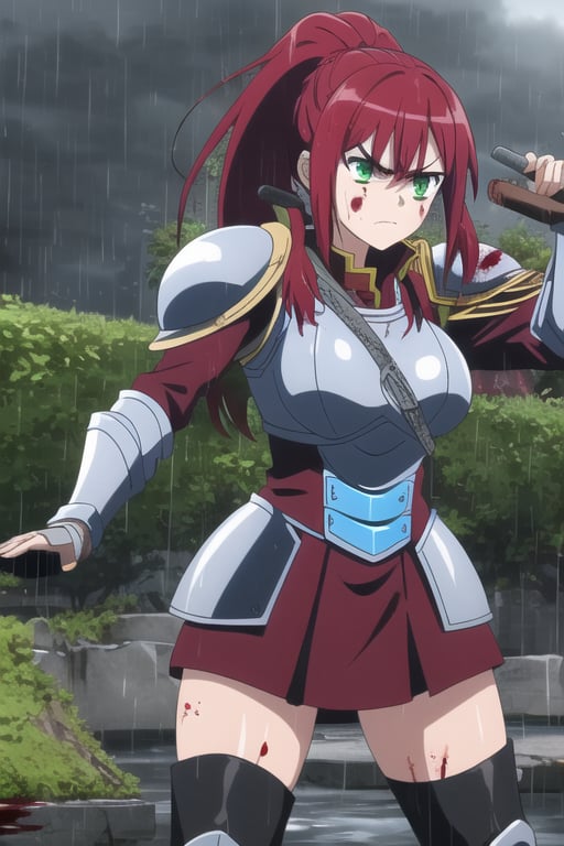 ((masterpiece, best quality)), 1girl, solo, red hair, (armor),long pony tail, pose, miniskirt, thighboots, outdoors, woods, green eyes, breasts, thighs, Big sword, rain, wet, ((wounds, blood)), angry, closed mouth 