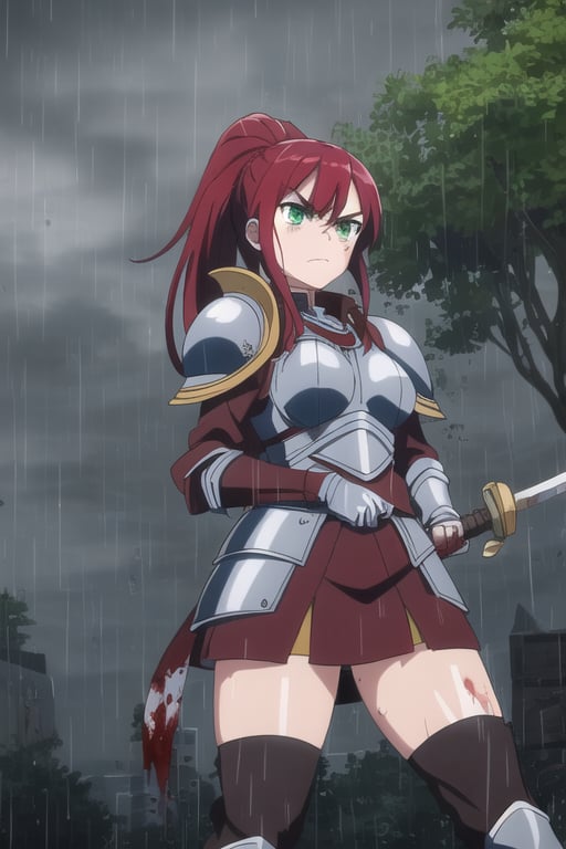 ((masterpiece, best quality)), 1girl, solo, red hair, (armor),long pony tail, pose, miniskirt, thighboots, outdoors, woods, green eyes, breasts, thighs, Big sword, rain, wet, ((wounds, blood)), angry, closed mouth 