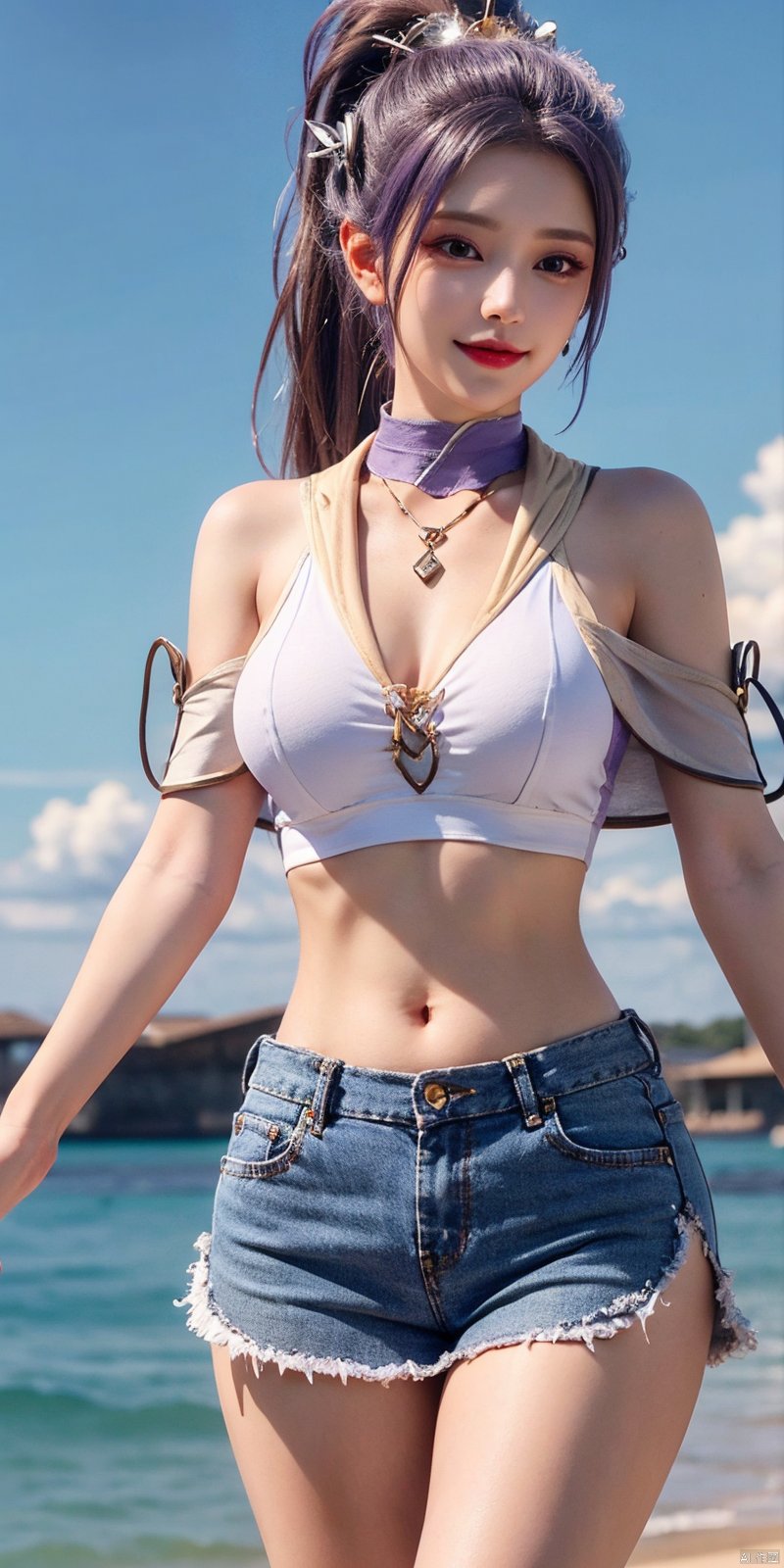 cowboy_shot,(Good structure),, Blue sky, miniskirt,white clouds, ocean,nai3, 1girl, , solo, crop top,  choker, navel, , midriff, crop top overhang, looking at viewer, , jewelry, breasts, bare shoulders, short shorts, off-shoulder shirt, off shoulder, black choker, thighs, stomach, , long hair, bracelet, short sleeves, ribbon, , collarbone, hair ribbon, medium breasts, ,,  bra strap, , hair ornament, thigh gap, necklace,  , ,kind smile, , , hanyue, high ponytail, purple hair,Dynamic pose