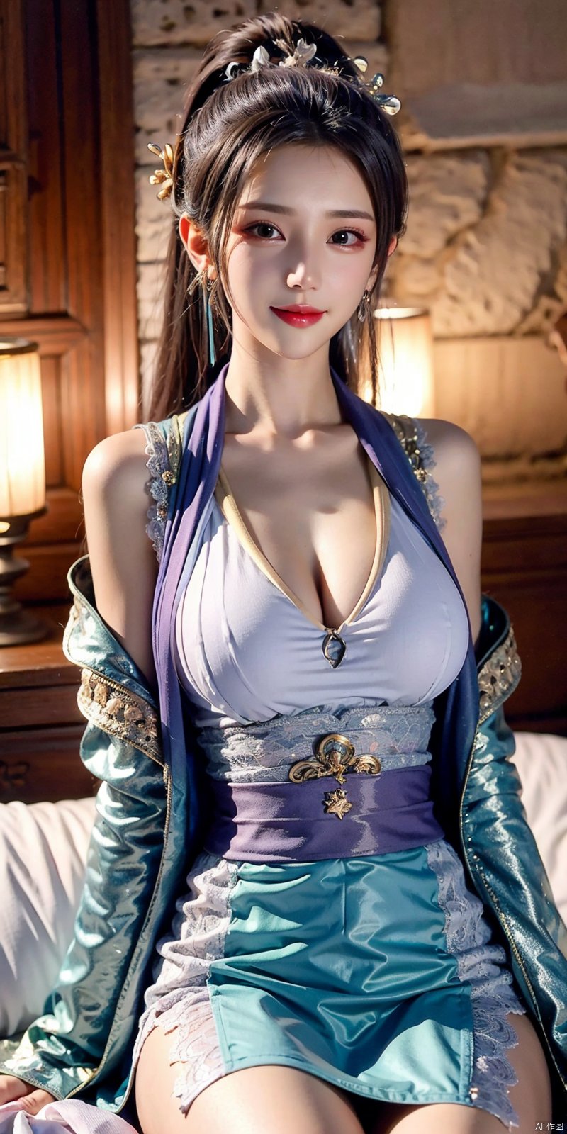  (Good structure), DSLR Quality, cowboy_shot, 1girl, Lace skirt, on Stomach, bed,aqua_earrings,chang, ((poakl)),kind smile, hanyue, high ponytail, purple hair,