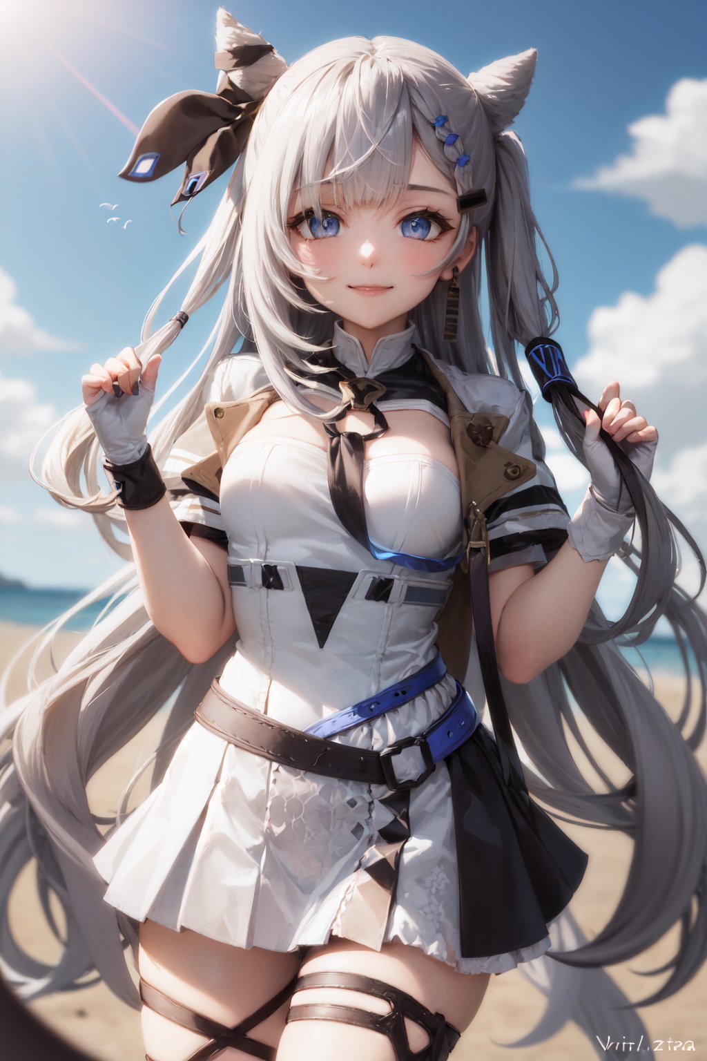 (masterpiece, best quality:1.2), <lora:hololive_vestia-10:1>, cowboy shot, solo, 1girl, vestia zeta, virtual youtuber, smile, looking at viewer, hair ribbon, hair ornament, white dress, single thighhigh, thigh strap