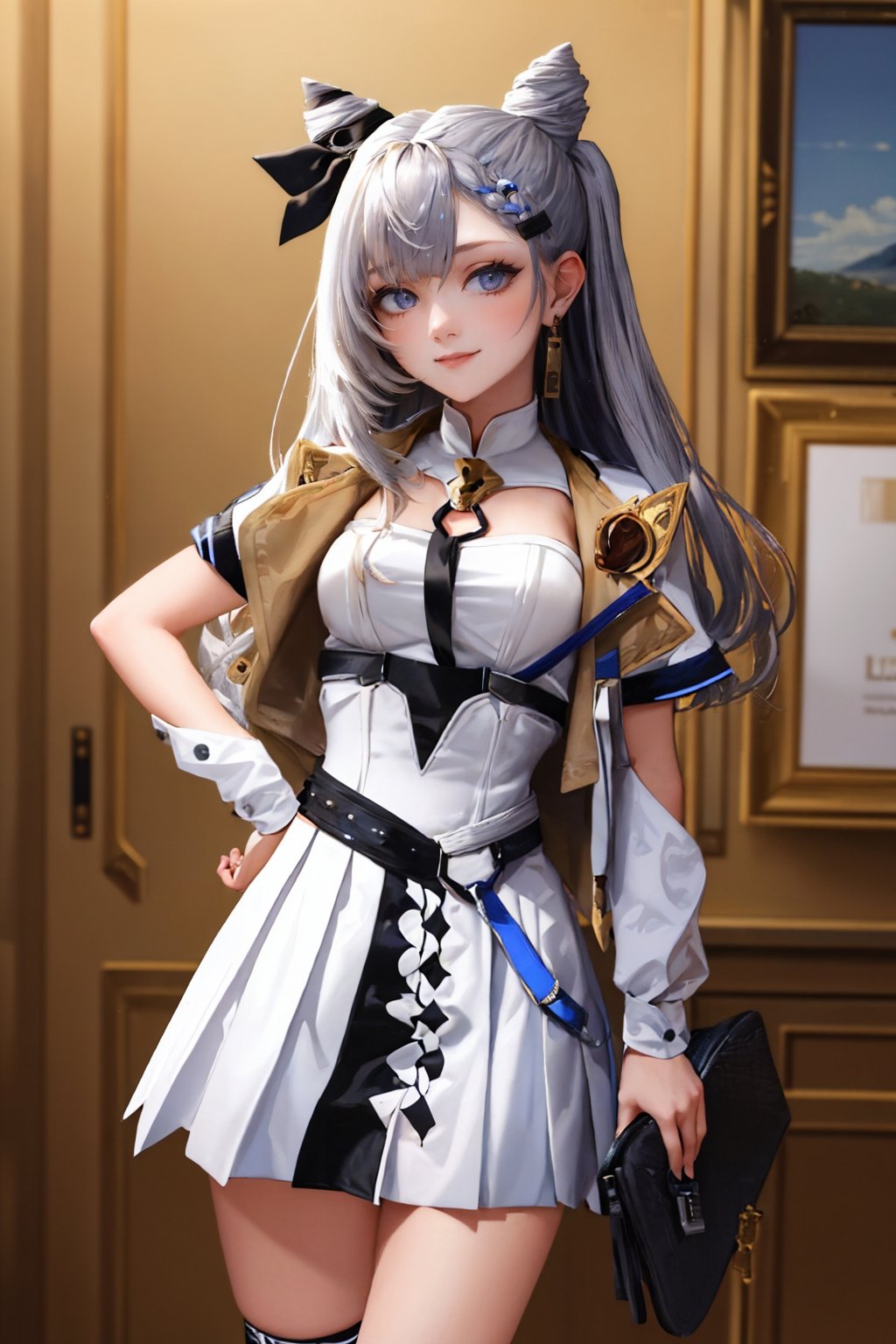 (masterpiece, best quality:1.2), solo, 1girl, vestiadef, smile, looking at viewer, hand on hip, braid, cone hair bun, jacket, white dress, single thighhigh, earrings <lora:hololive_zeta_v2-12:1>