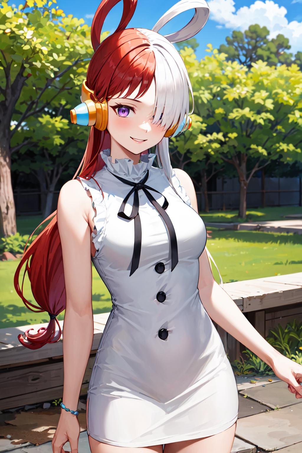 masterpiece, best quality, highres, 1girl, split-color hair, hair over one eye, red hair, multicolored hair, long hair, purple eyes, hair rings, white dress, headphones, white hair, black ribbon, bangs, sleeveless, medium breasts, <lora:uta_v1:0.7>, cowboy shot, smile, outdoors, 