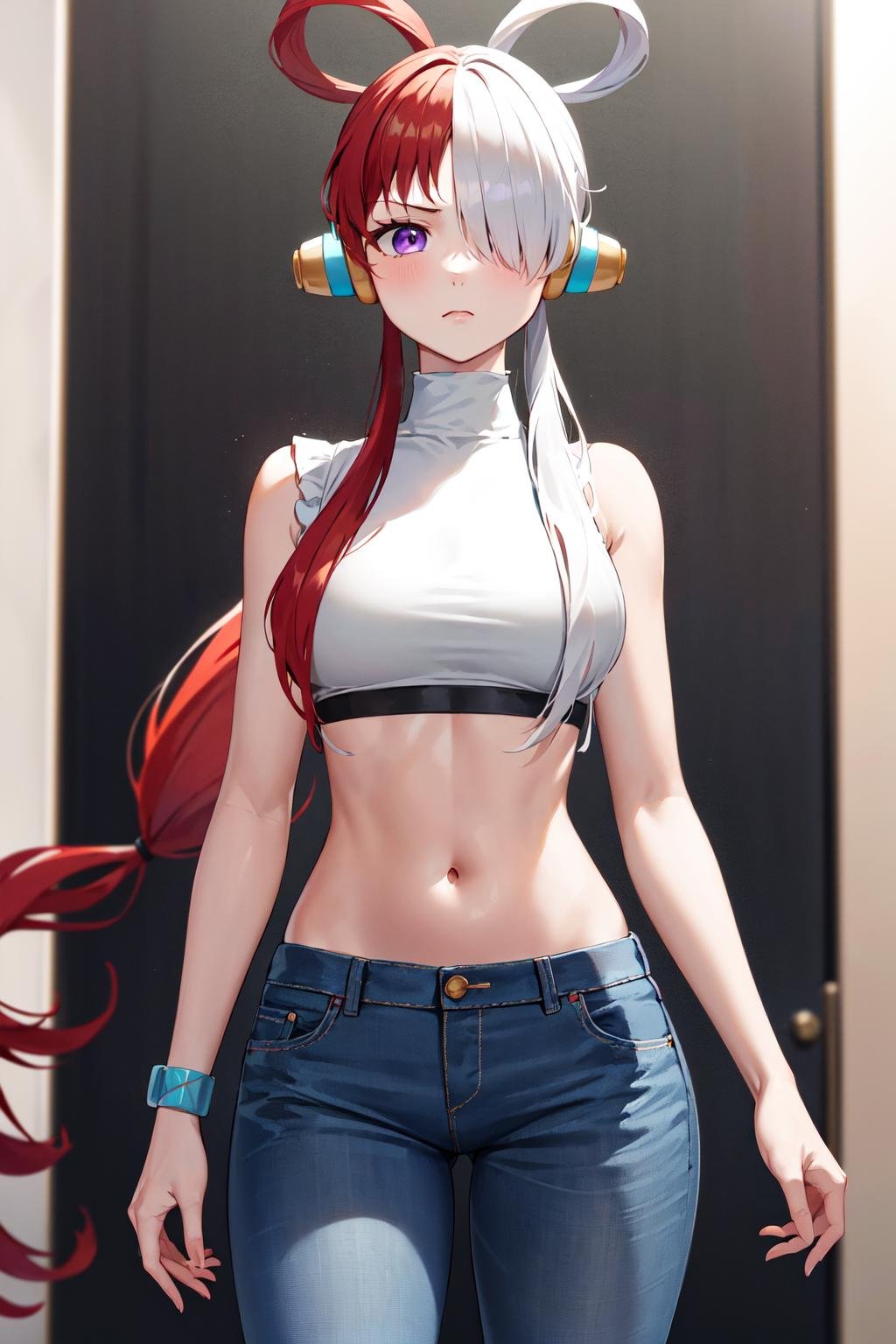 masterpiece, best quality, highres, 1girl, split-color hair, hair over one eye, red hair, multicolored hair, long hair, purple eyes, two-tone hair, hair rings, headphones, white hair, bangs, very long hair, medium breasts, crop top, turtleneck, jeans, <lora:uta_v1:0.7>, standing, cowboy shot, frown