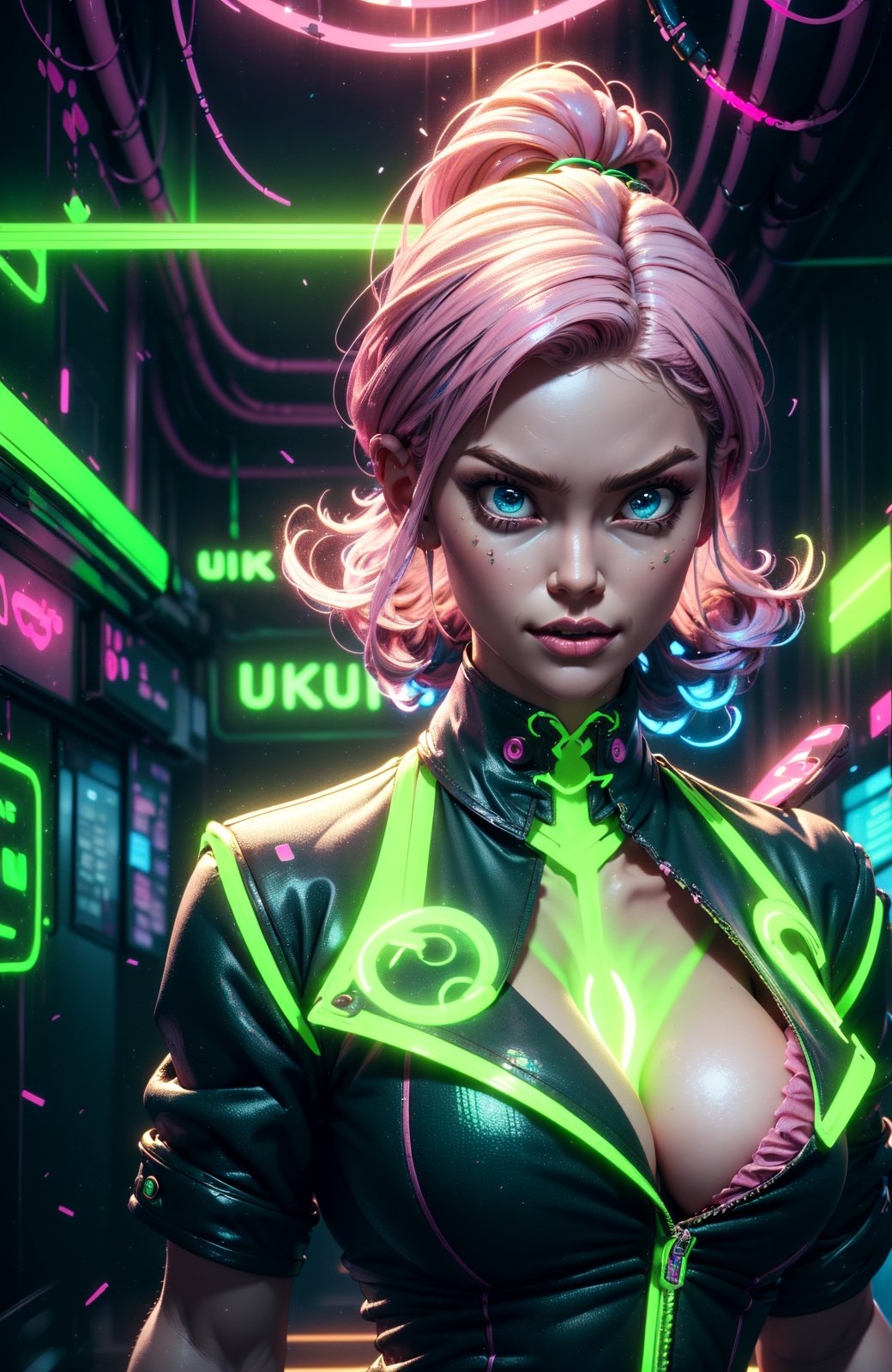 1girl, beautiful face, perfect blue eyes, sparks, school_uniform, mini skirt, shirt button up, (female hair made of fine pink, blue, green neon:1.5), (medium thin hair made of blue, pink, green, neon strands flowing down the body), (in a dark alley:1.2), (huge breasts, cleavage:1.2), midriff, skinny, large hip, (sexy pose, dynamic pose), (strip club), ultra high resolution, 8k, HDR, high detail, detailed eyes, detailed face, bright face,High detailed,orcaeffectKA