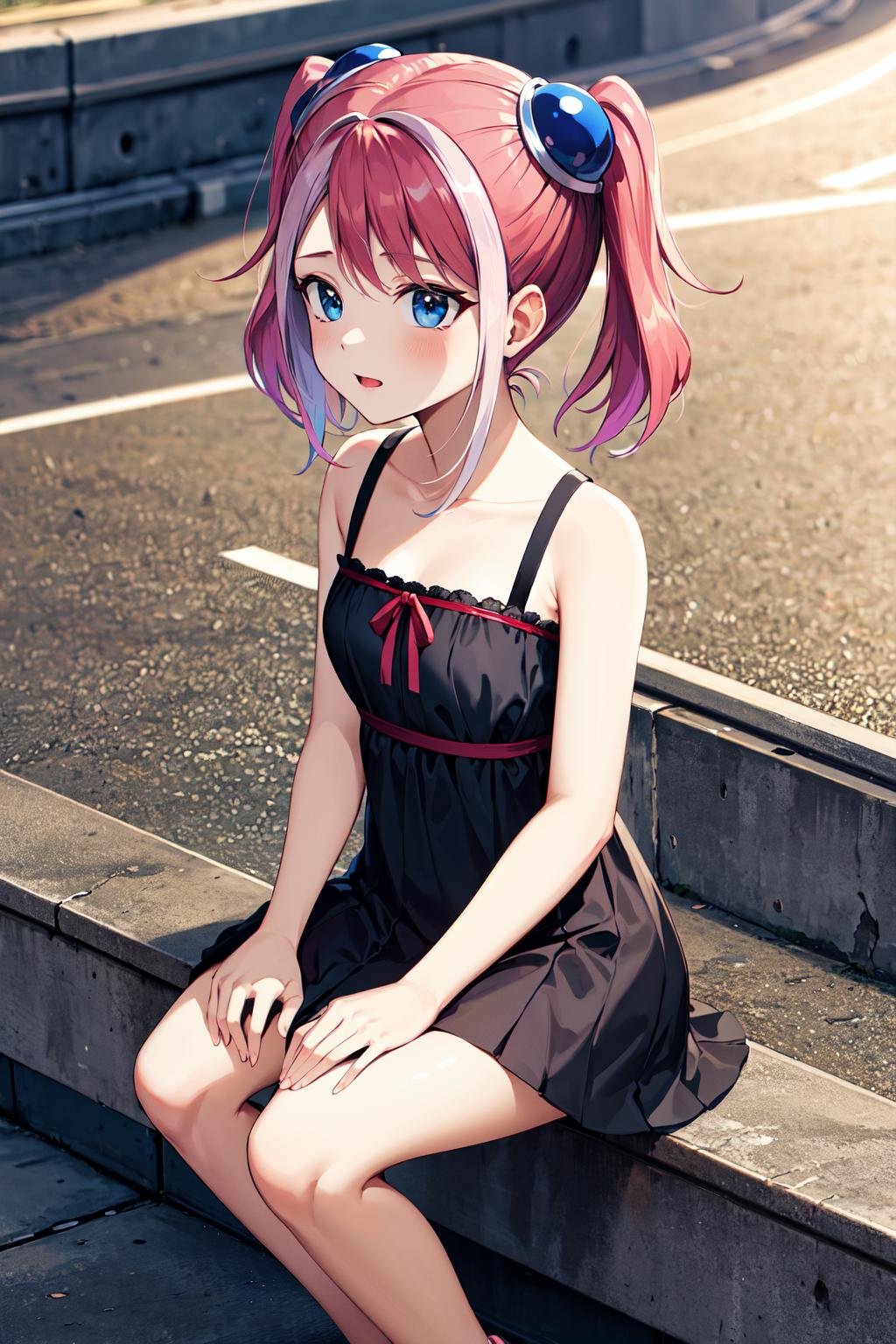 masterpiece, best quality, highres, hy1, hair ornament, multicolored hair, <lora:hiiragi_yuzu_v1:0.7>, amphitheater, sitting, 