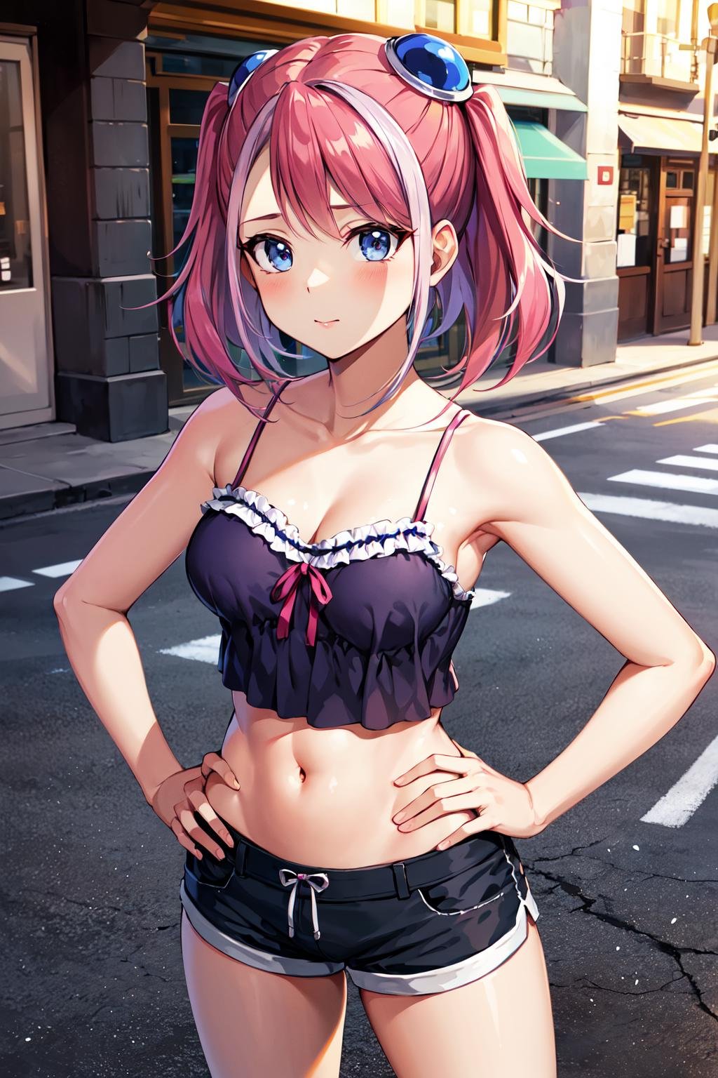 masterpiece, best quality, highres, hy1, hair ornament, multicolored hair, <lora:hiiragi_yuzu_v1:0.7>, camisole, short shorts, navel, hand on hip, street, medium breasts, 