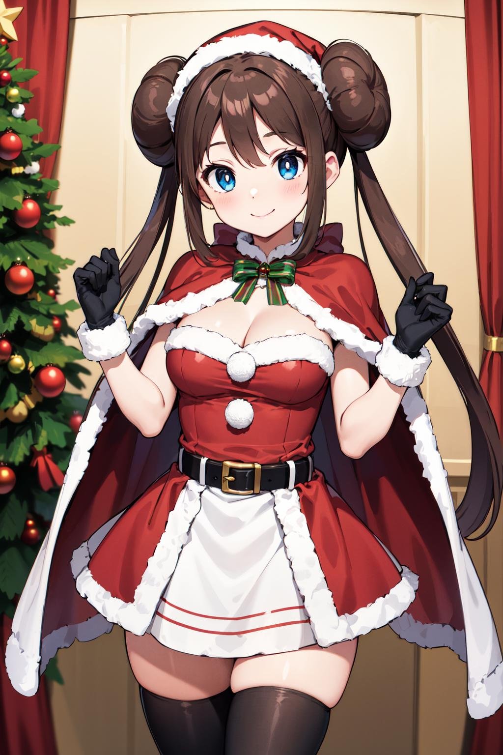 masterpiece, best quality, highres, ro1, hair bun, blue eyes, twintails, belt, black thighhighs, gloves, christmas, cleavage, red capelet, santa hat, dress, <lora:rosa_(pokemon)_v10:0.7>, standing, indoors, christmas, smile, cowboy shot,