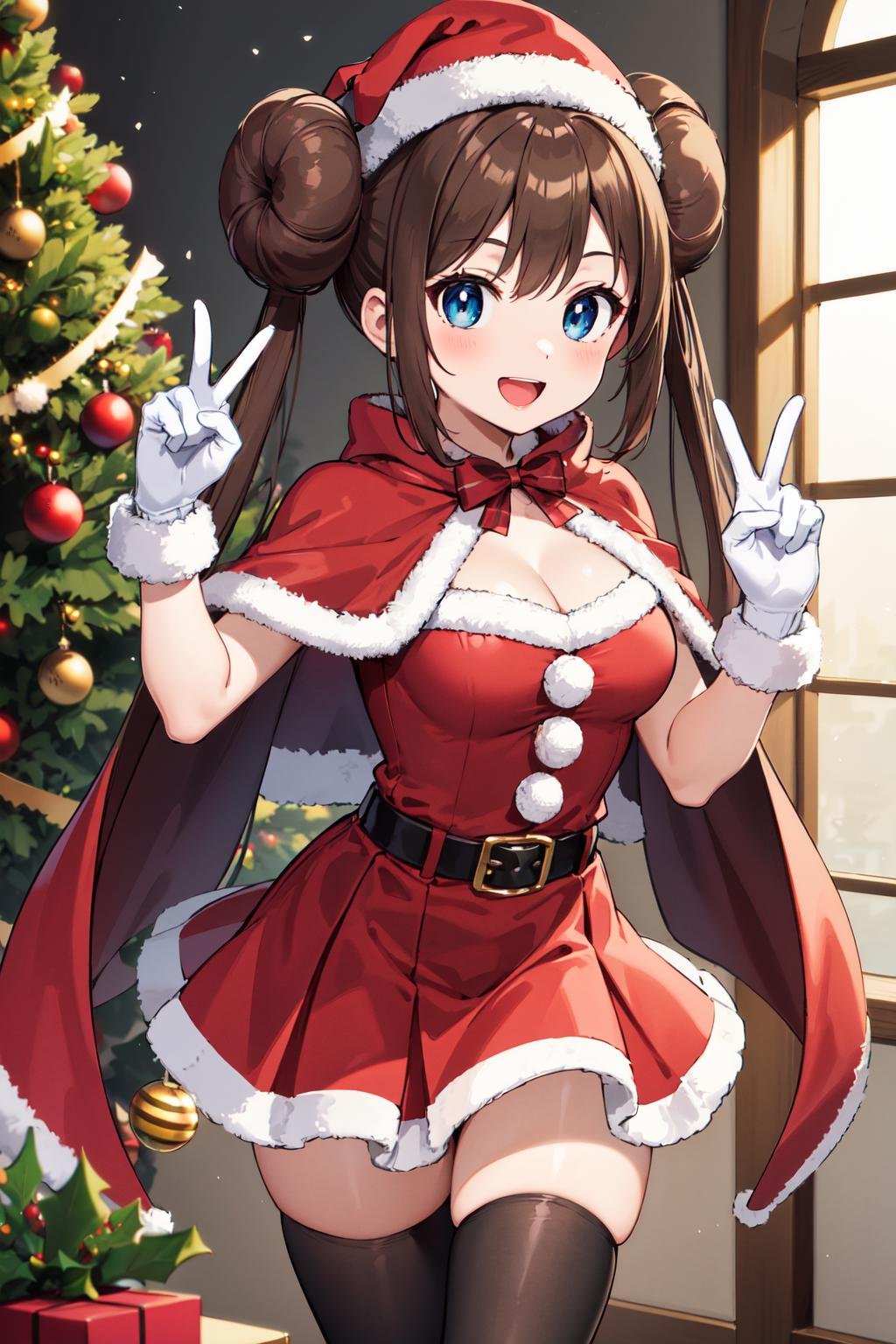 masterpiece, best quality, highres, ro1, hair bun, blue eyes, twintails, belt, black thighhighs, gloves, christmas, cleavage, red capelet, santa hat, dress, <lora:rosa_(pokemon)_v10:0.7>, standing, peace sign, indoors, christmas, smile, open mouth