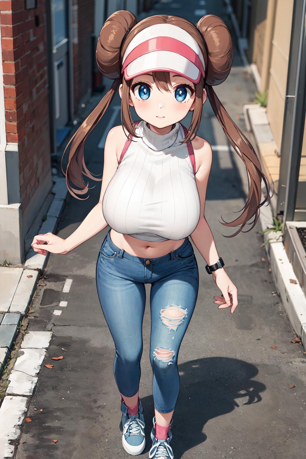 masterpiece, best quality, highres, ro1, hair bun, blue eyes, twintails, visor cap, turtleneck sweater, sleeveless, midriff, torn legwear, jeans, <lora:rosa_(pokemon)_v10:0.7>,  street, standing, walking, large breasts, 