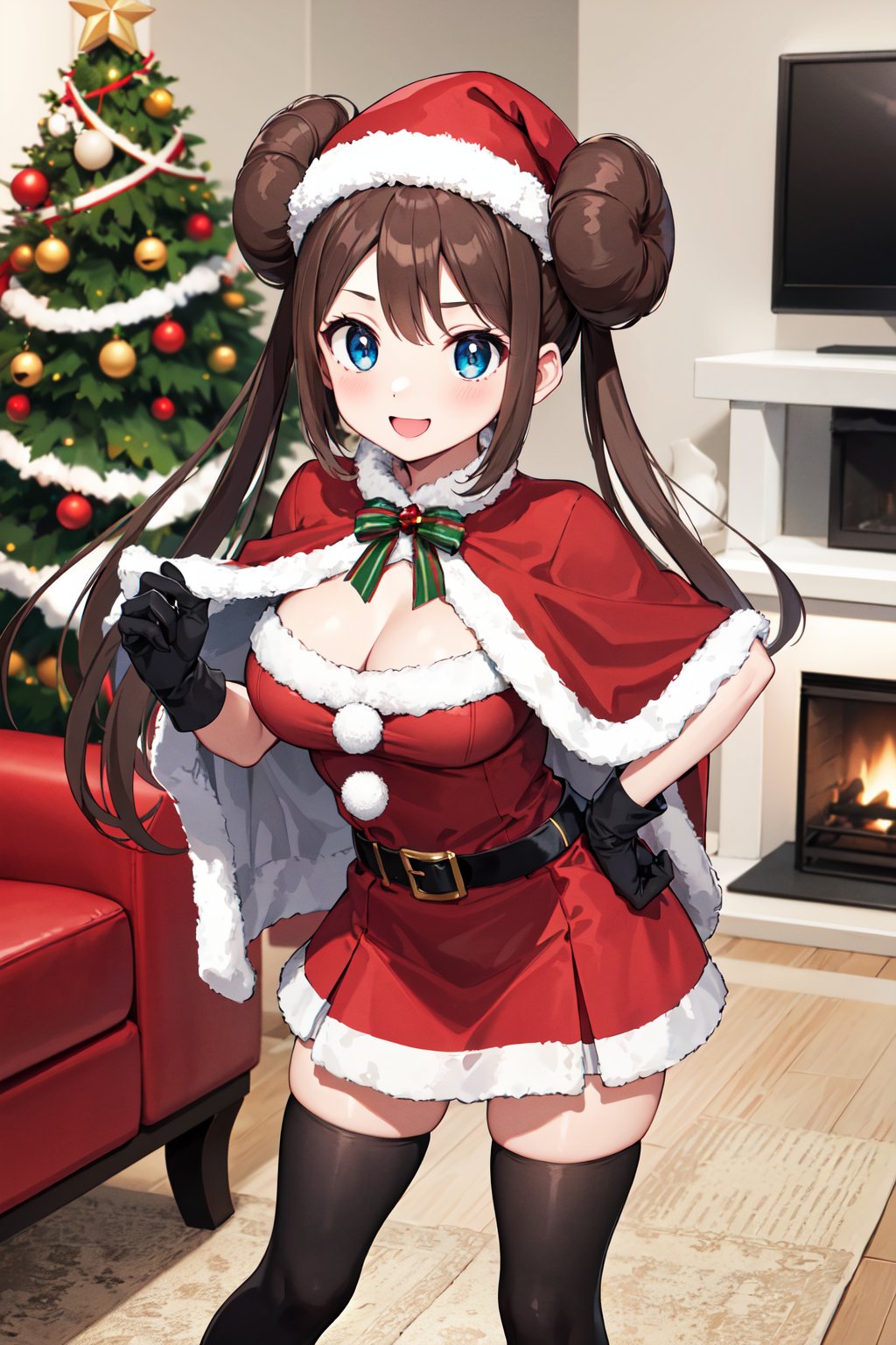 masterpiece, best quality, highres, ro1, hair bun, blue eyes, twintails, belt, black thighhighs, gloves, christmas, cleavage, red capelet, santa hat, dress, <lora:rosa_(pokemon)_v10:0.7>, standing, indoors, living room, snow, christmas, smile, hand on hip,