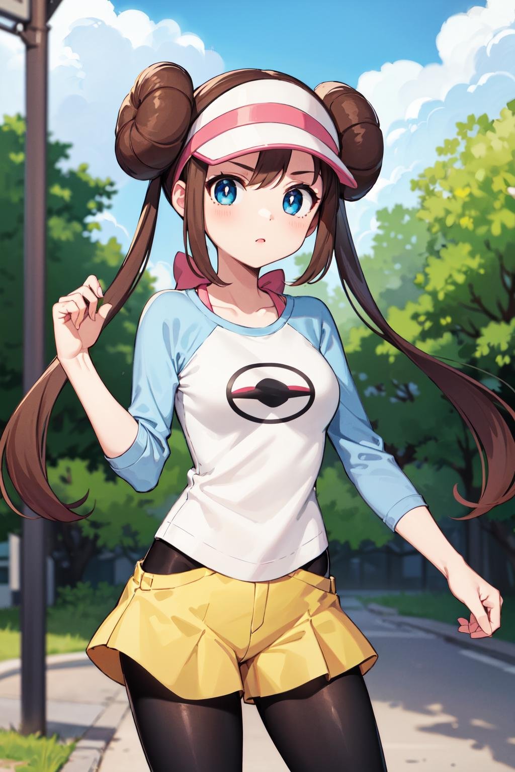 masterpiece, best quality, highres, ro1, hair bun, blue eyes, twintails, visor cap, pantyhose, raglan sleeves, yellow shorts, shirt, pink bow, <lora:rosa_(pokemon)_v10:0.7>, standing, cowboy shot, outdoors