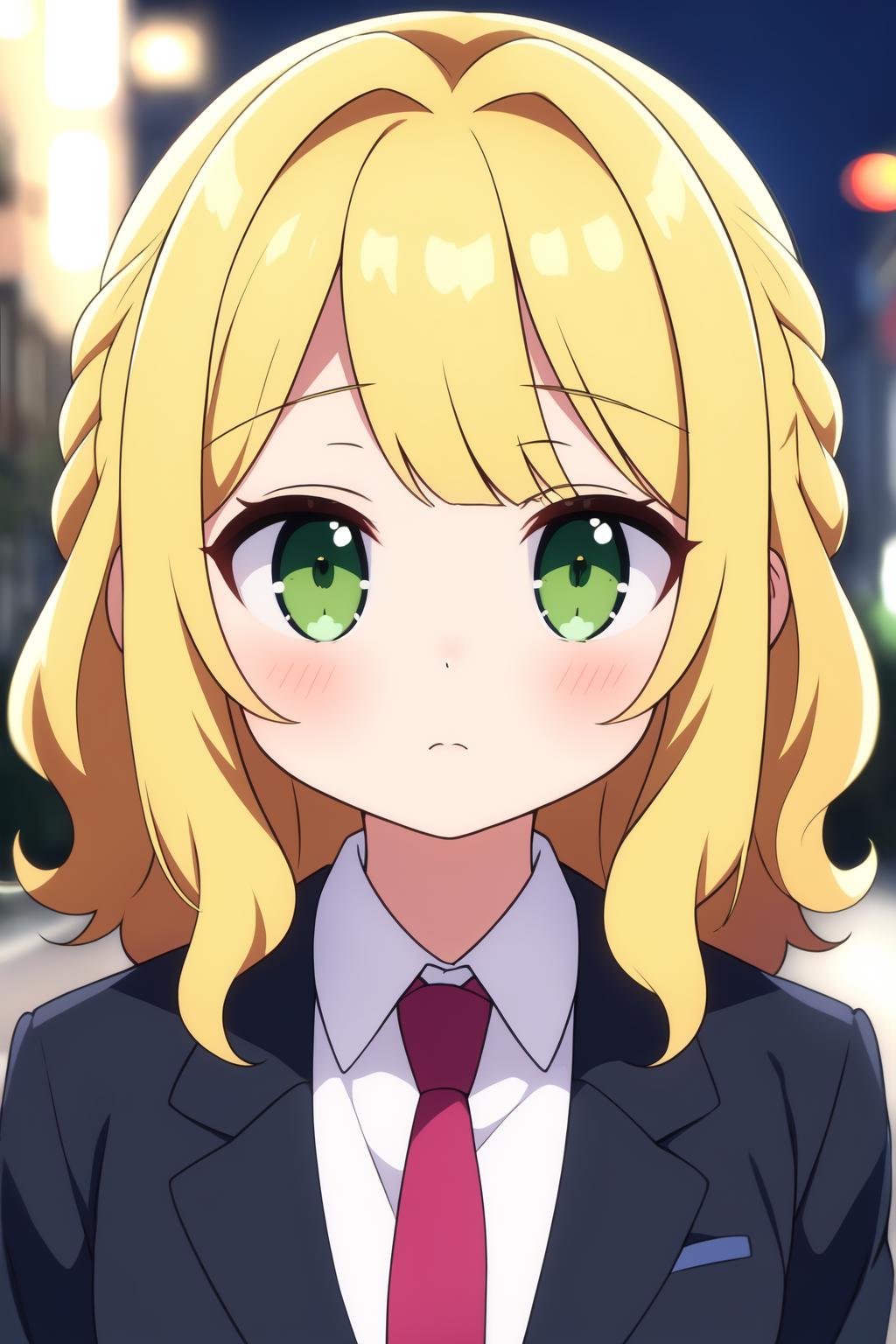 masterpiece, best quality, cute, kawaii, anime screencap, medium hair, wavy hair, blonde hair, green eyes, swept bangs, shirt, braid, suit jacket, hairpin, necktie,depth of field, street, bokeh, night, portrait,