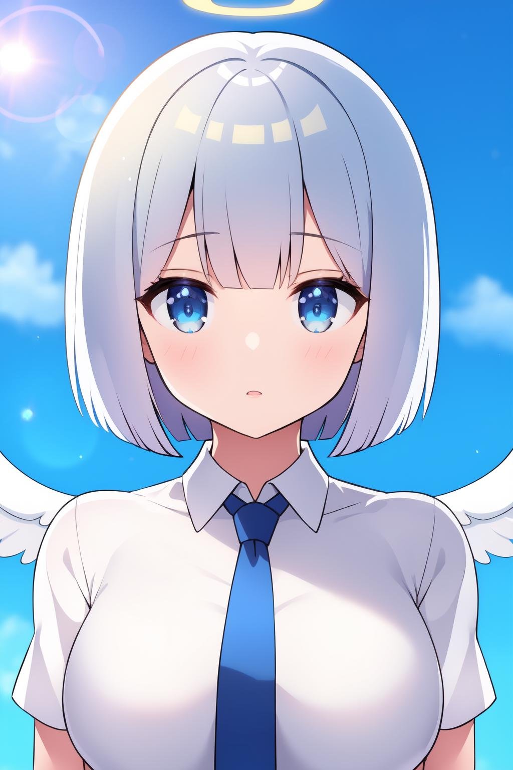 masterpiece, best quality, cute, petite,short hair, bob cut, silver hair, blue eyes, shirt, necktie, large breasts, (angel wings:1.1), halo, wind, looking at viewer, lens flare, portrait, 