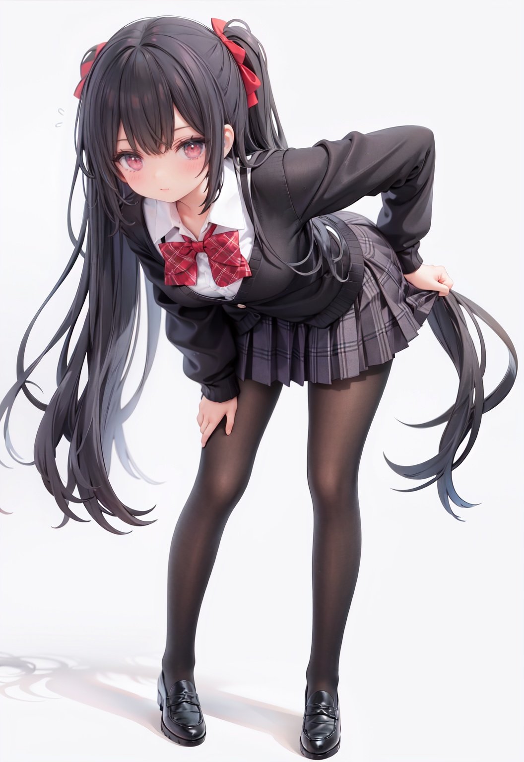 1girl,  solo,  pantyhose,  skirt,  long hair,  loafers,  shoes,  simple background,  school uniform,  brown eyes,  plaid,  black pantyhose,  plaid skirt,  looking at viewer,  black hair,  pantyhose pull,  full body,  clothes pull,  black footwear,  pleated skirt,  leaning forward,  bangs,  long sleeves,  bent over,  cardigan,  bow,  bowtie,  standing,  closed mouth,  pulled by self,  grey background,  blush,  miniskirt,  red bow,  sweater,  undressing