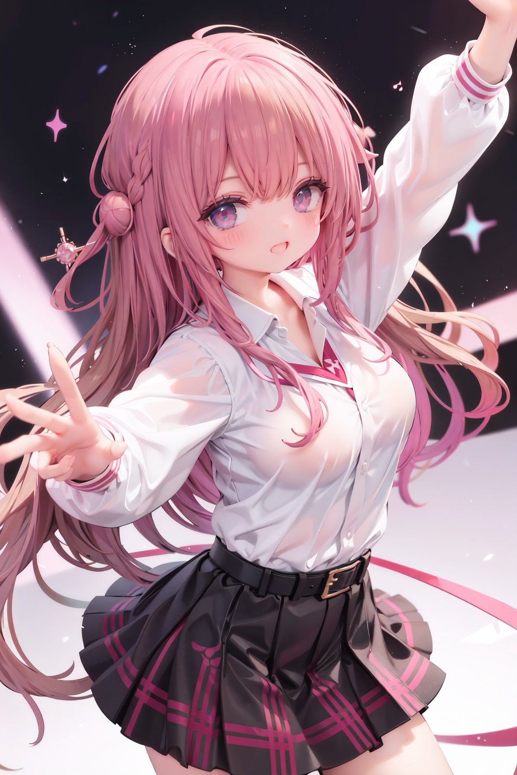 1girl, solo, microphone, smile, skirt, blush, brown eyes, long hair, open mouth, looking at viewer, brown hair, long sleeves, :d, shirt, bangs, belt, breasts, pink shirt, outstretched arm, music, black belt, medium breasts, holding microphone, singing