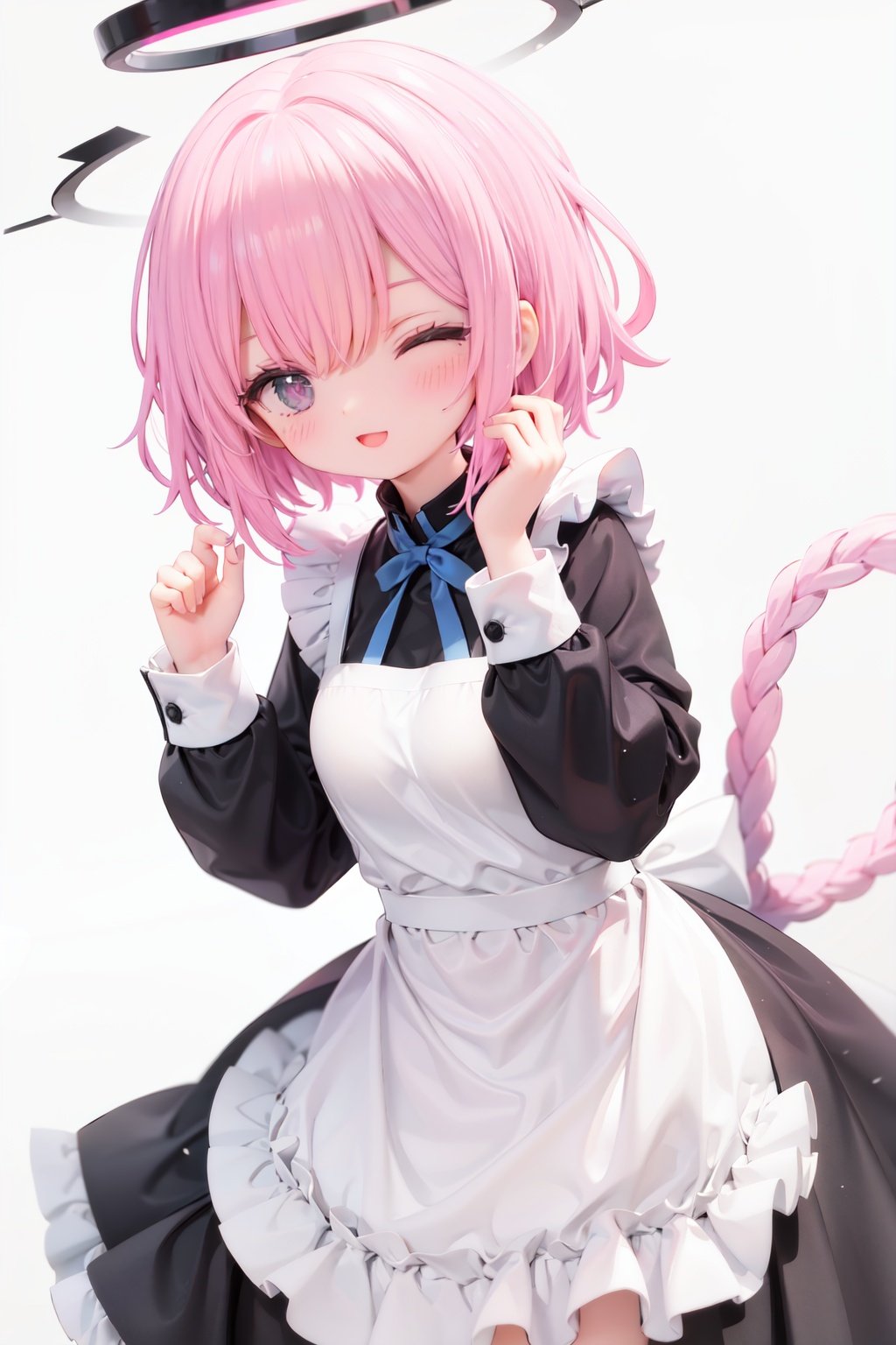 1girl, solo, apron, halo, hair over one eye, closed eyes, smile, white background, dress, white apron, simple background, long sleeves, multicolored hair, braid, open mouth, blue hair, alternate costume, blush, bangs, :d, pink hair, black dress, ribbon, frilled dress, enmaided, short hair, hand up, colored inner hair