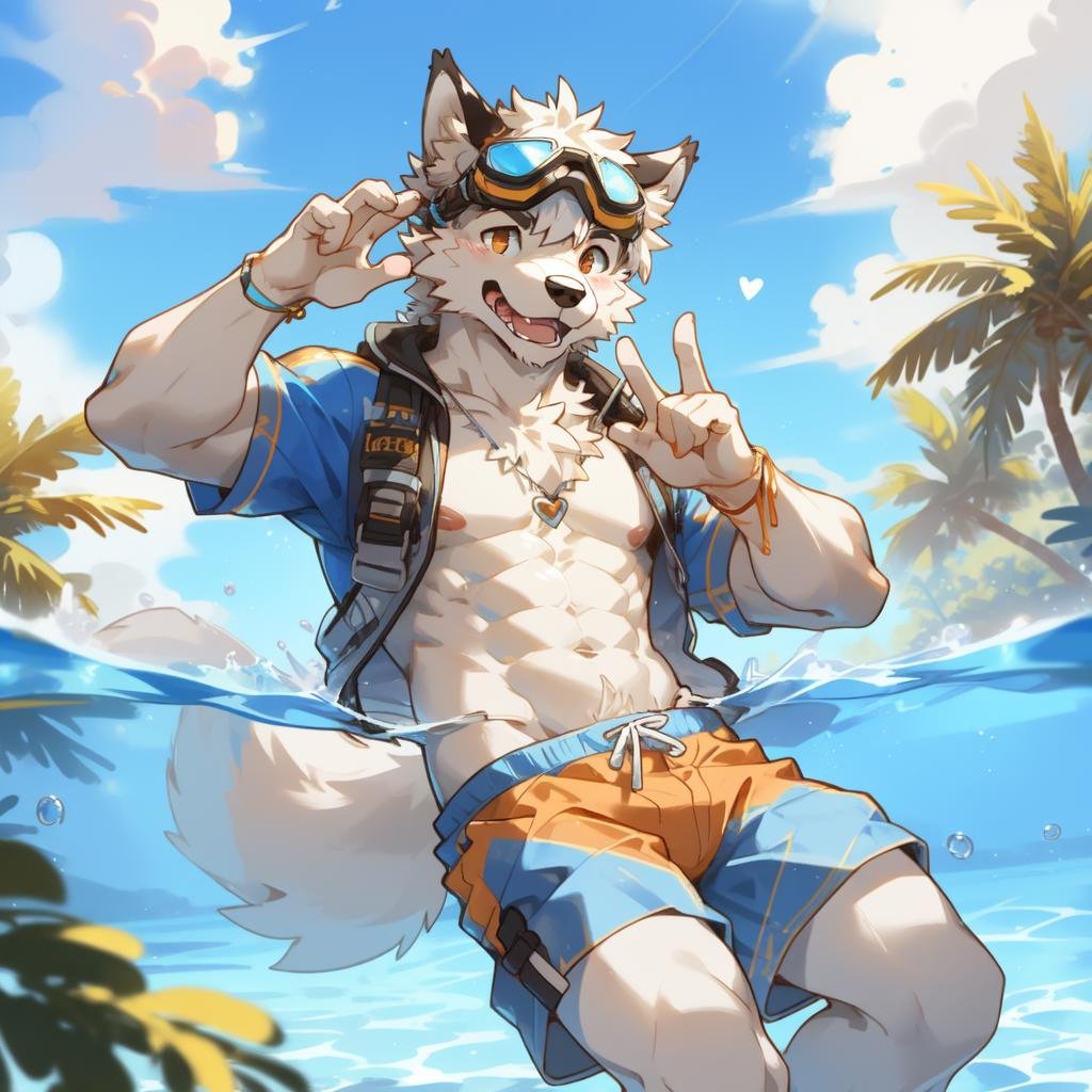 male, anthro, furry, wolf, white fur, goggles on head, swimming trunks, heart gesture, EasyMasterpiece, (by kenket)(by Pino Daeni)