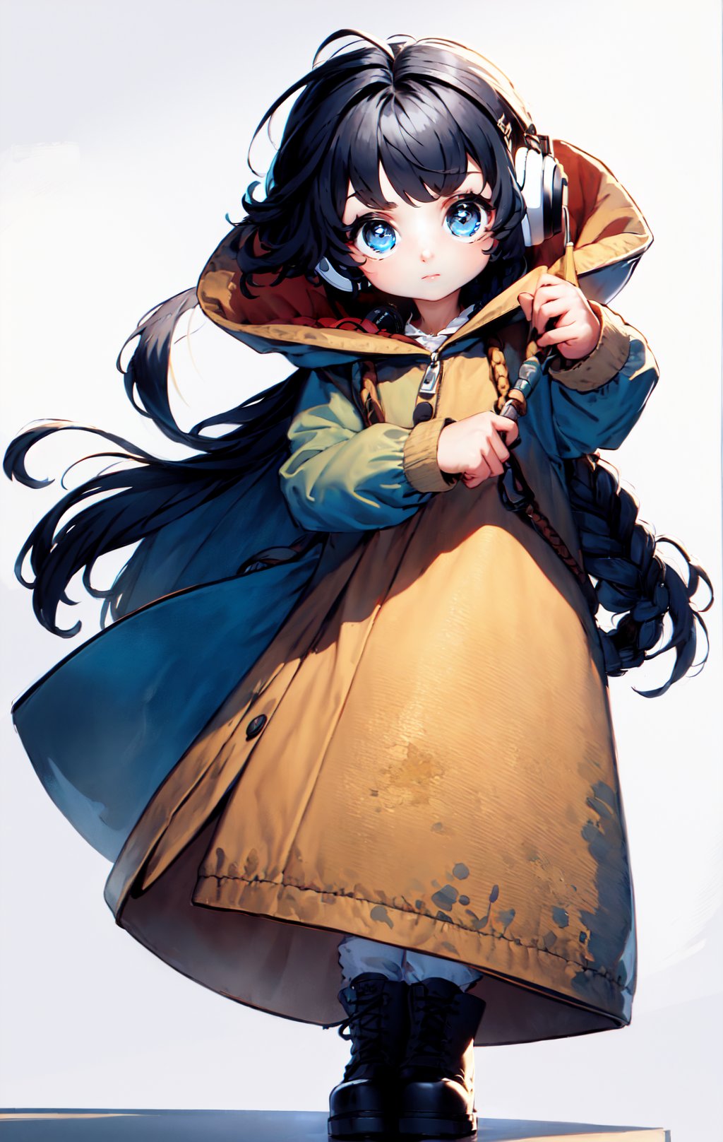 (masterpiece, best quality:1.5), 1girl, solo, long hair, looking at viewer, bangs, blue eyes, simple background, black hair, white background, holding, full body, braid, ahoge, boots, hood, black footwear, headband, headphones, hood down, <lora:DarkSkyForDesignV2_768_ReV:1>