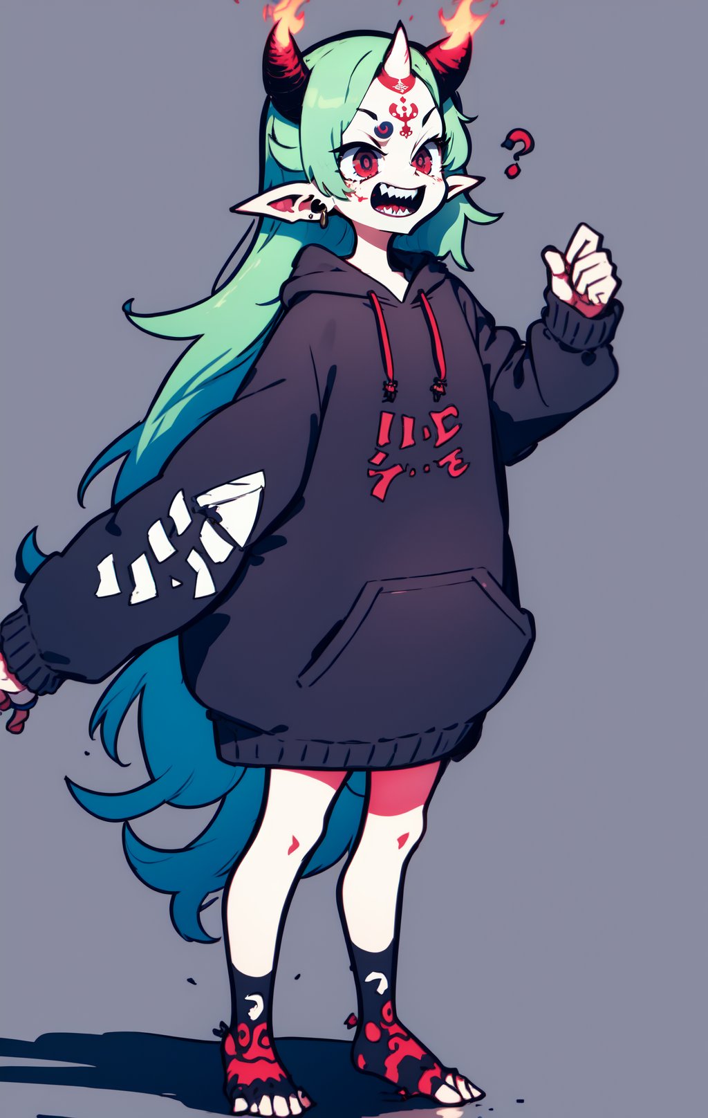 (masterpiece, best quality:1.2), (3d style:0.85), 1girl, solo, long hair, smile, open mouth, white hair, green hair, simple background, jewelry, very long hair, standing, full body, red eyes, earrings, horns, pointy ears, fang, hood, sleeves past wrists, hoodie, tattoo, facial mark, third eye, oni horns, oni, yellow hoodie, ((ibaraki douji (fate)):0.75), <lora:DarkSkyForDesignV2_768_ReV:1>