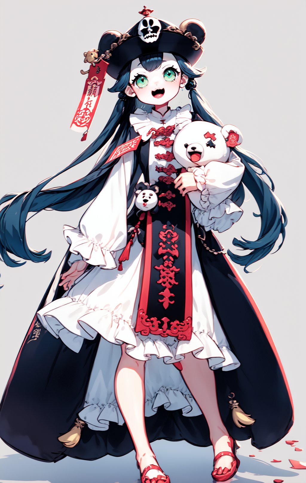 (masterpiece, best quality:1.2), (3d style:0.85), 1girl, solo, looking at viewer, open mouth, simple background, white background, dress, holding, green eyes, standing, full body, horns, white dress, saliva, colored skin, heterochromia, chinese clothes, stuffed toy, stuffed animal, tassel, hair rings, teddy bear, ofuda, holding stuffed toy, jiangshi, talisman, <lora:DarkSkyForDesignV2_768_ReV:1>