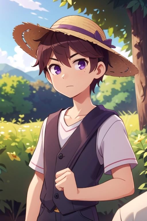 masterpiece, best quality, game cg, 1boy, solo, male focus, looking at viewer, upper body, depth of field, , , <lora:iori_hashima:0.74>, iori_hashima, brown hair, purple eyes, , sun hat, , 2k resolution