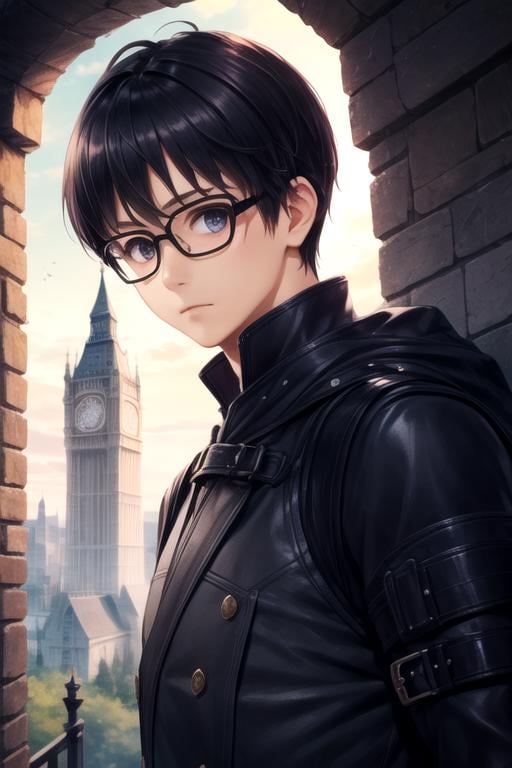 masterpiece, best quality, illustration, 1boy, solo, male focus, looking at viewer, , depth of field, , realistic, <lora:tomoya_aki:0.70>, tomoya_aki, black hair, black eyes, opaque glasses, ninja costume, The Tower of Oblivion: A stronghold where forgotten secrets and dark magic are hidden, 4k resolution