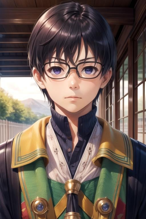 masterpiece, best quality, photorealistic, 1boy, solo, male focus, looking at viewer, upper body, depth of field, , realistic, <lora:tomoya_aki:0.74>, tomoya_aki, black hair, black eyes, glasses, dwarf costume, The Isle of Doom, 16k resolution