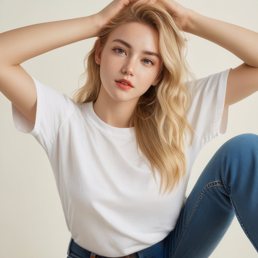 old style,  1girl,  solo,  looking at viewer,  blonde hair,  standing,  white reglan T-shirt,  cowboy shot,  pants,  arms up,  lips,  denim,  t-shirt,  freckles,  jeans,  realistic,  photo real,  modeling a White T-Shirt,  No fonts, MadeClinev001, xxmix_girl, <lora:EMS-15505-EMS:1.000000>