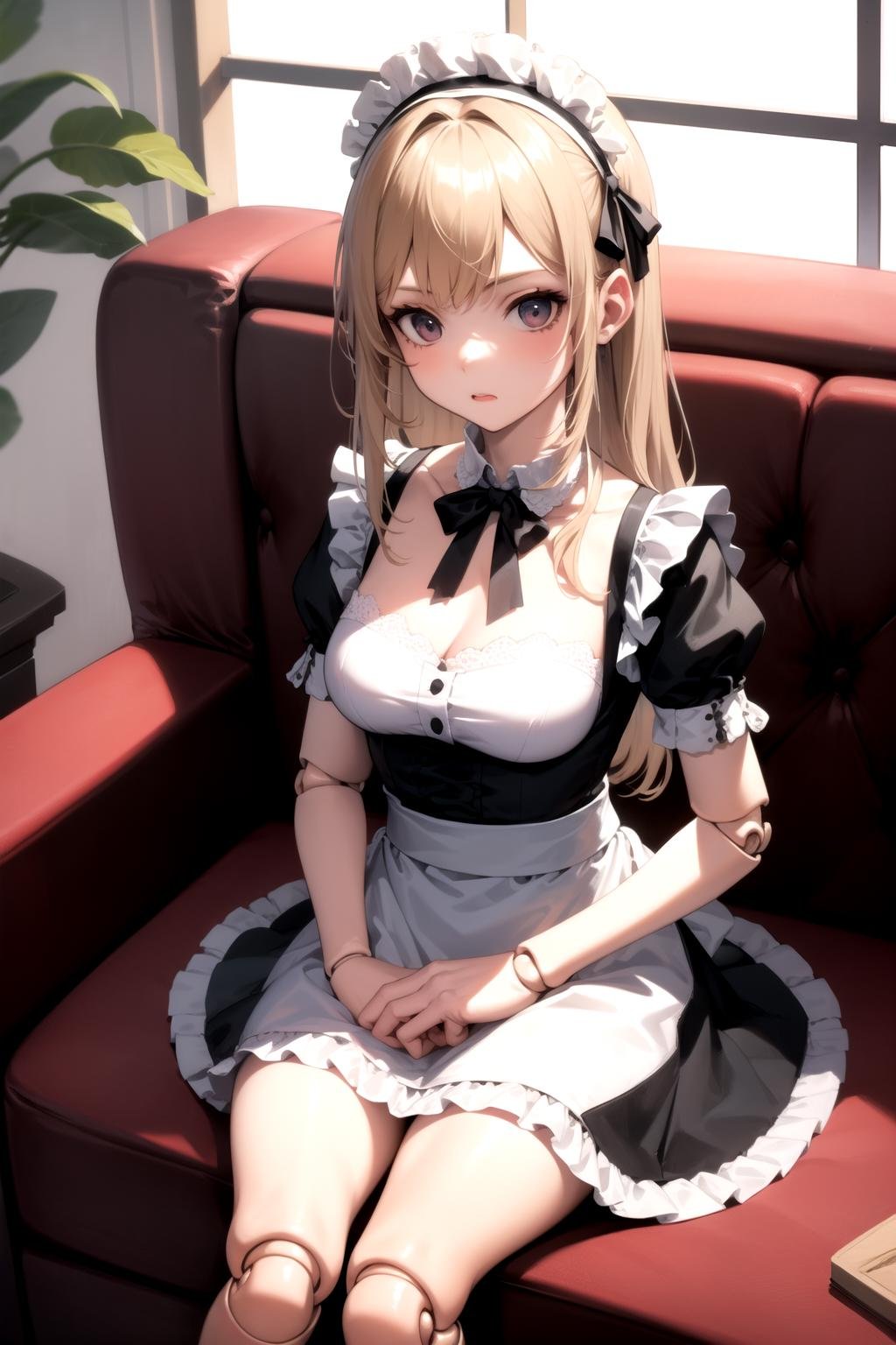 1girl, maid,<lora:doll_joints_v0.1:1> doll joints, sofa, on lap, pillow,, masterpiece, best quality, highly detailed