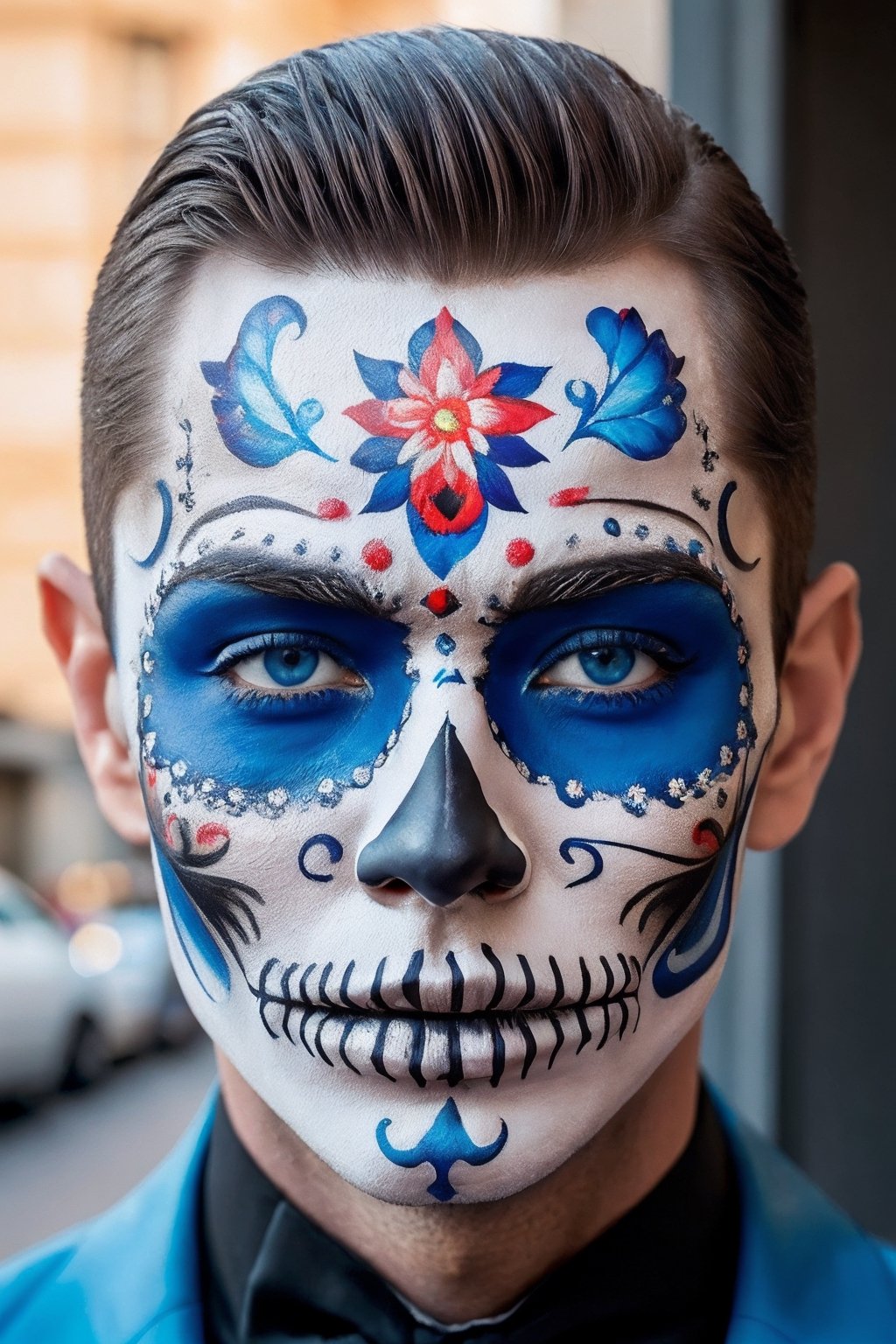 (Best quality, 8k, 32k, Masterpiece, UHD:1.2),  1guy, a close up of a man with skull face paint, dia de los muertos, skull paint, portrait of a sugar skull, dia de los muertos makeup, wearing a fancy tuxedo, detailed face and body, masculine face, masculine features, rugged textured face, detailed perfect face, face retouched, light blue eyes, realistic portrait photo, high quality portrait, and attractive features, eyes, eyelid,  focus, depth of field, film grain, ray tracing, detailed fabric rendering, detailed natural real skin texture, visible skin pores, anatomically correct, Catrin