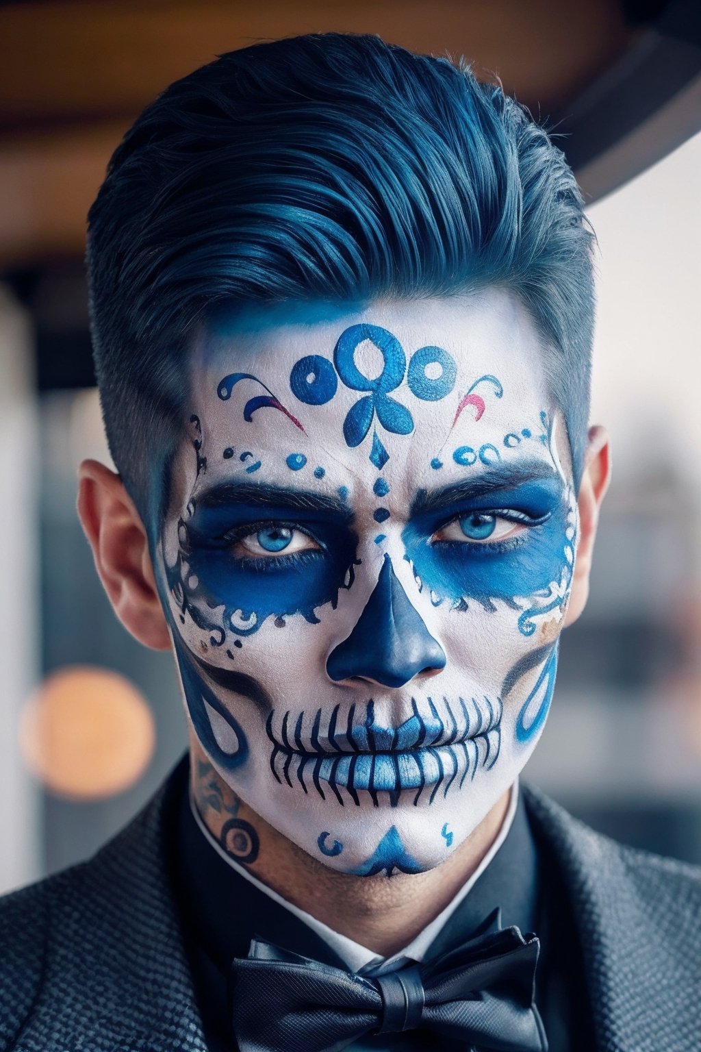 (Best quality, 8k, 32k, Masterpiece, UHD:1.2),  1guy, a close up of a man with skull face paint, dia de los muertos, skull paint, portrait of a sugar skull, dia de los muertos makeup, wearing a fancy tuxedo, detailed face and body, masculine face, masculine features, rugged textured face, detailed perfect face, face retouched, light blue eyes, realistic portrait photo, high quality portrait, and attractive features, eyes, eyelid,  focus, depth of field, film grain, ray tracing, detailed fabric rendering, detailed natural real skin texture, visible skin pores, anatomically correct, Catrin