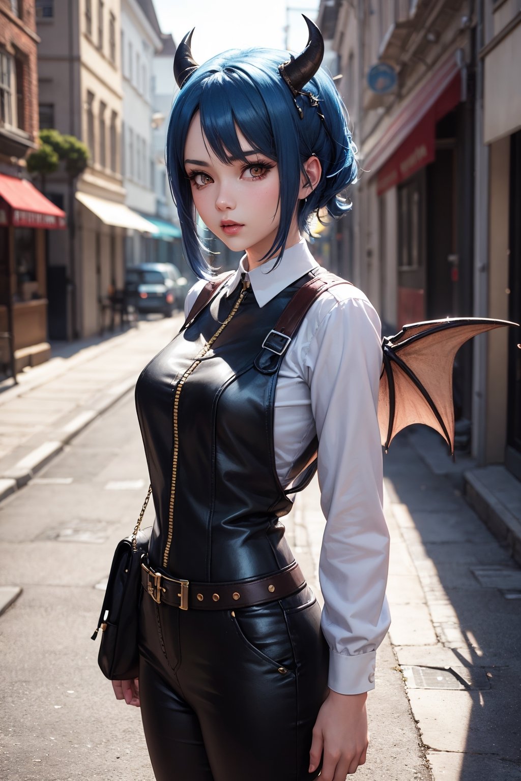 Anime girl with blue hair and horns on a street, 3D realistic anime, 2. 5 d cgi anime fantasy artwork, anime style 3d, anime style. 8k, 4k anime style, 3d style realistic anime, deviantart artstation cgscosiety, digital anime art, guweiz style art art, detailed digital anime art, white shirt, dragon wings