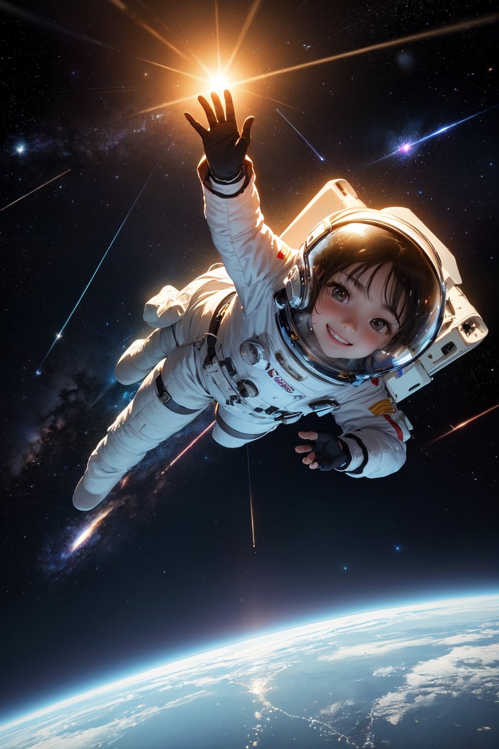 (shining brightly), [galaxy], [sparkling space suit], (floating in zero gravity with reflection), [solar system], [distant planets], (astronaut's confident smile), [nebula], (majestic view of Earth in the background), (crystal-clear visor), [constellations], [cosmic dust], [orbiting satellite], (astronaut's gloved hand reaching out), [meteor shower], (subtle glow from the stars)