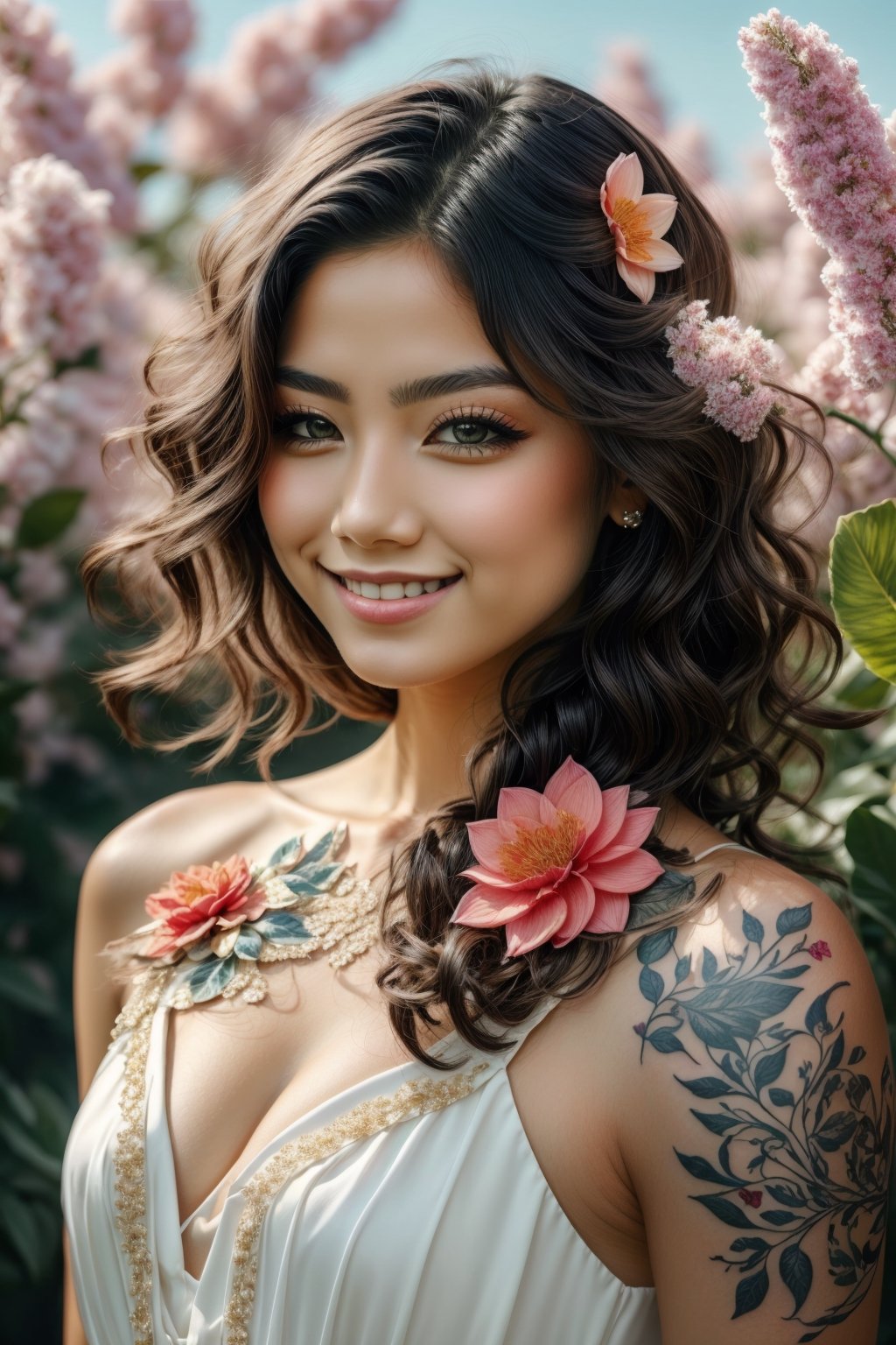 Closed lips, cute smile, protrait,woman, flower dress, colorful, darl background,flower armor, good anatomy, best quality, (((masterpiece))), high quality, realist, best detailed, details, realist skin, skin detailed, , tatoos,art, 